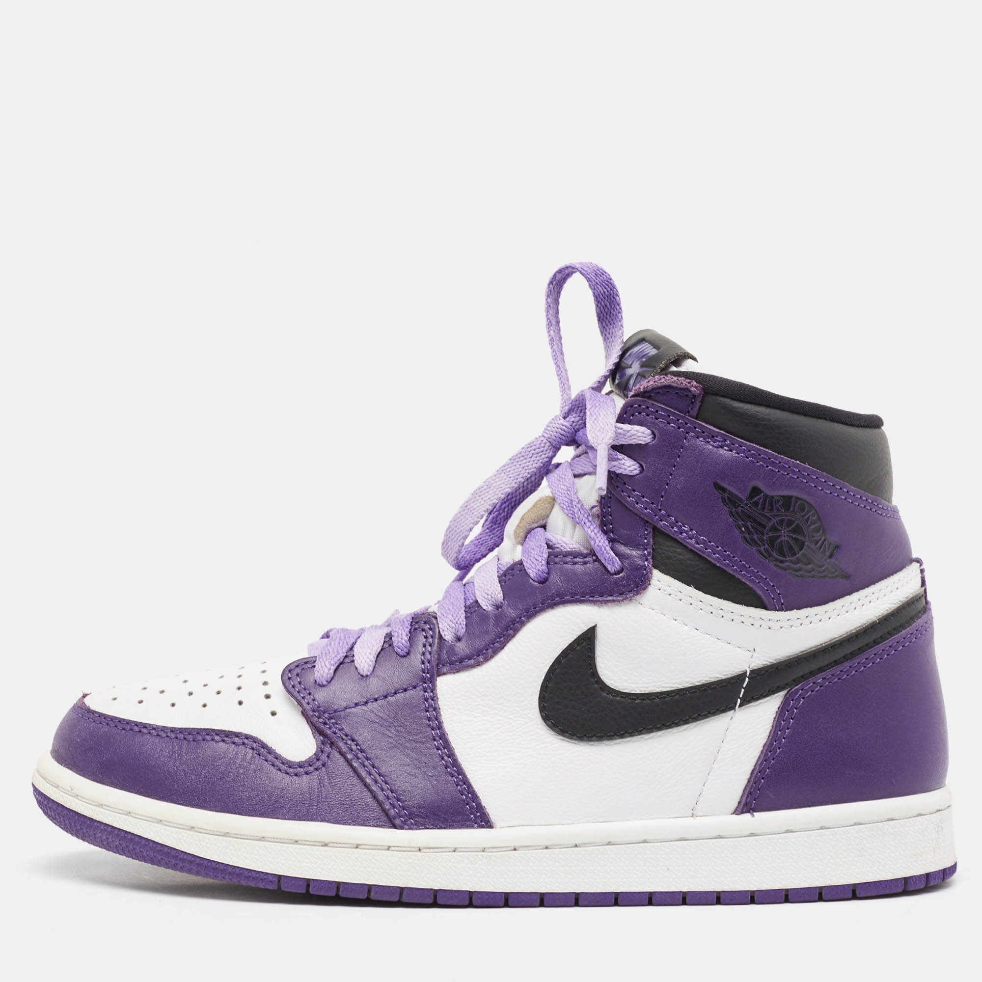 Pre Owned Air Jordans Purple/White Leather Jordan 1 Retro High Court Sneakers Size 41
