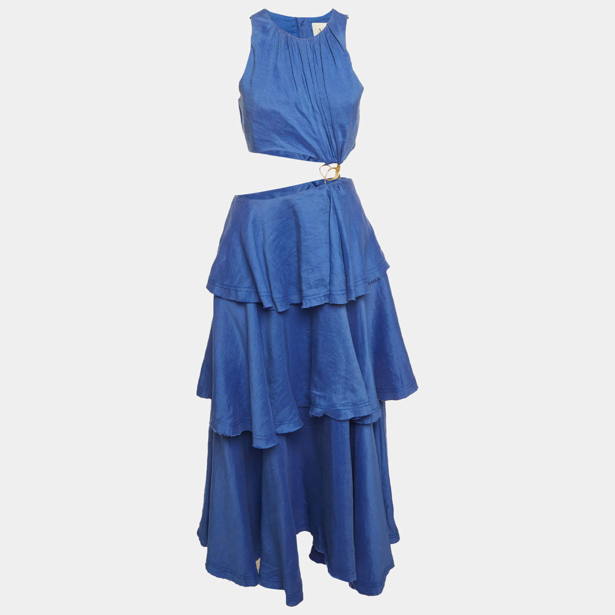 مملوكة مسبقًا Aje Blue Linen Blend Wave Cut Out Midi Dress M