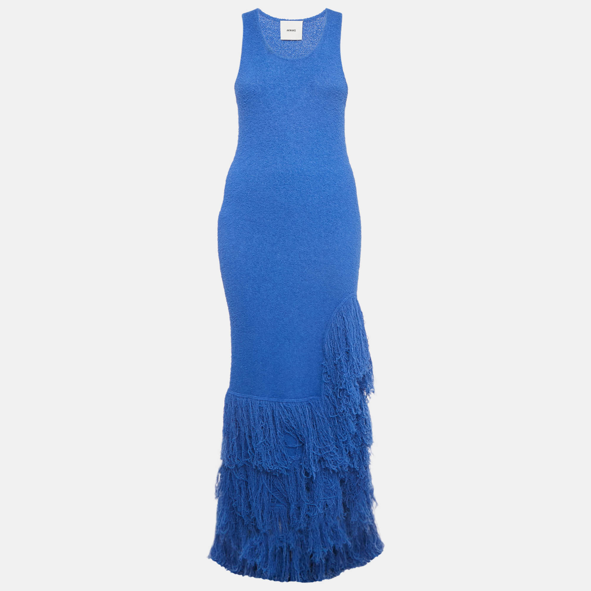 Pre Owned Aknvas Blue Knit Fringed Sleeveless Maxi Dress M