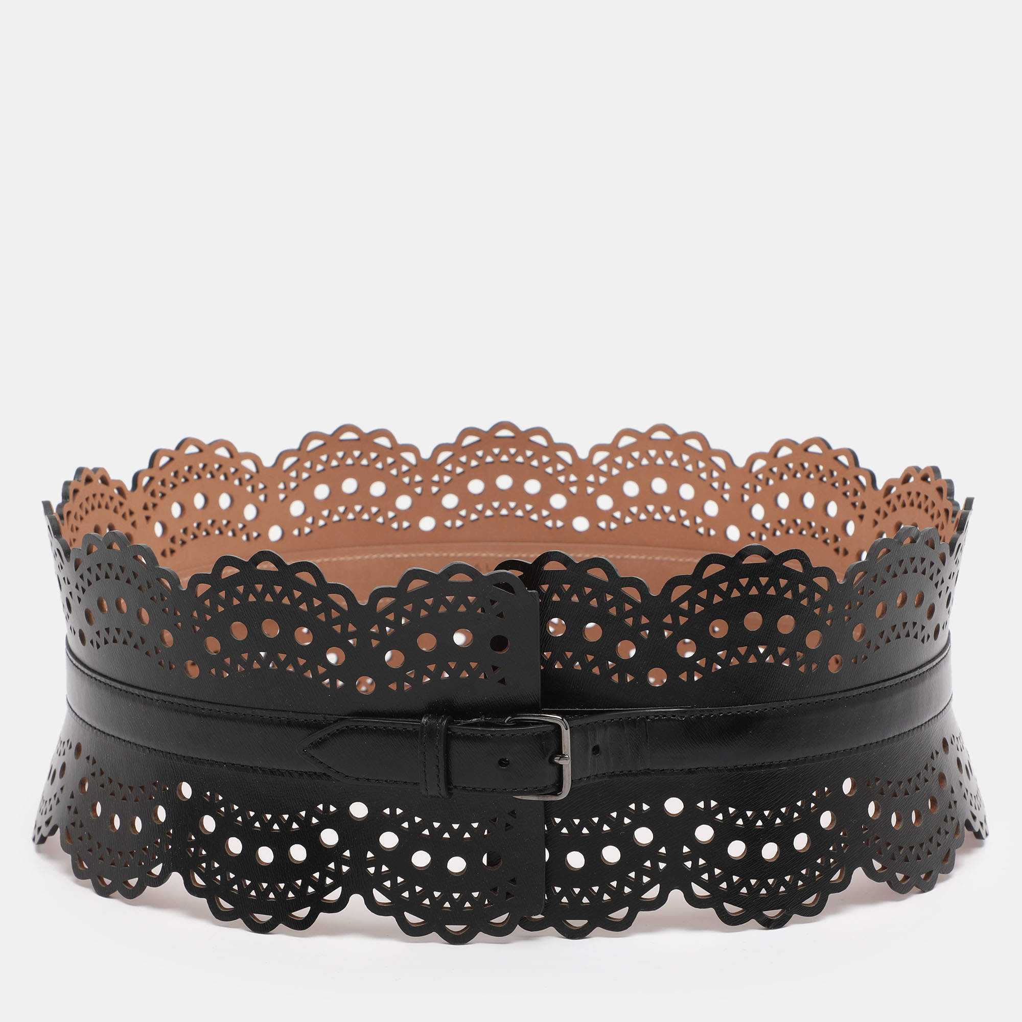 Pre Owned حزام كورسيه علايا جلد أسود بقصات ليزر 85 سم