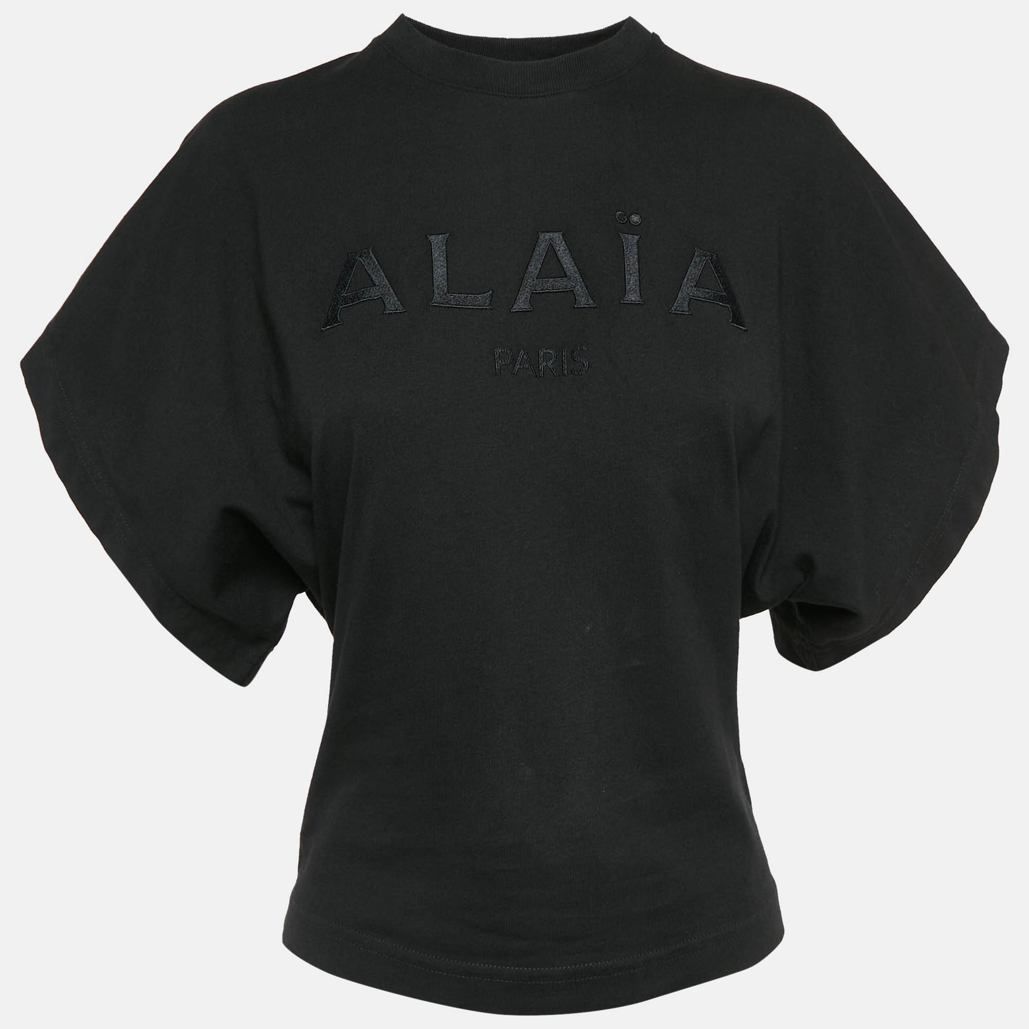 Pre Owned Alaia Black Logo Embroidered Cotton Wide Sleeve T-Shirt S