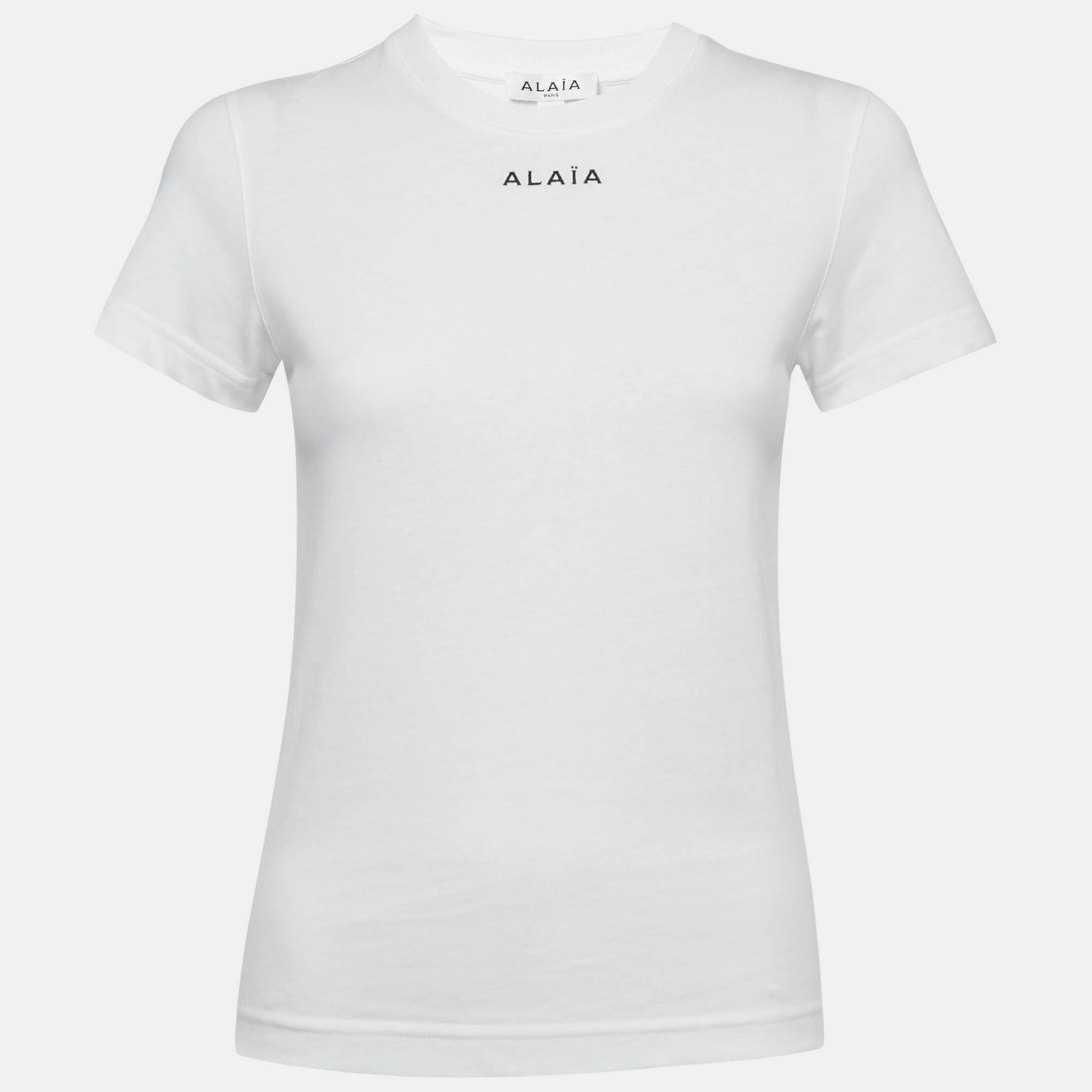 Pre Owned Alaia White Logo Embroidered Cotton T-Shirt S