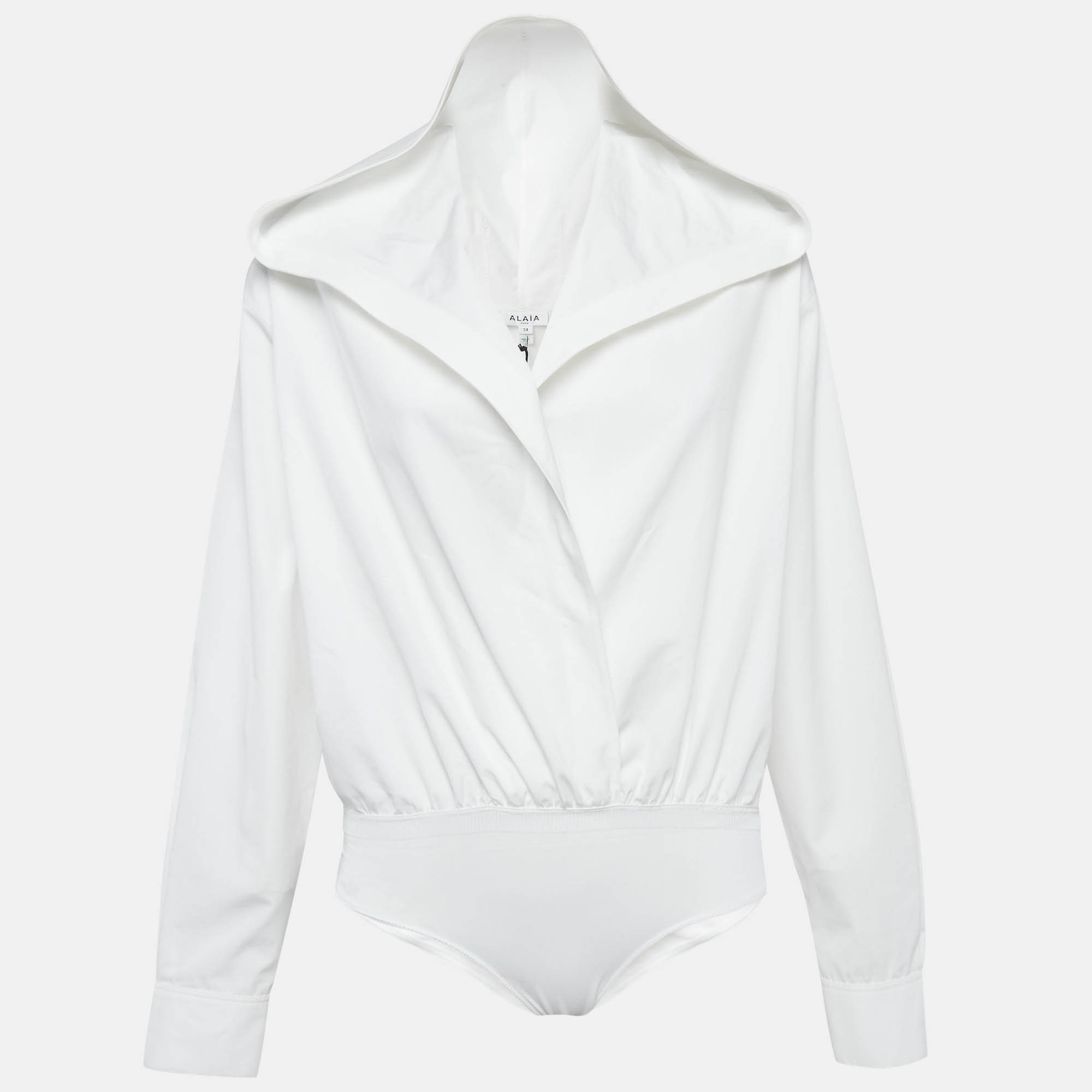 Pre Owned Alaia White Cotton Poplin Hooded Body Shirt XS