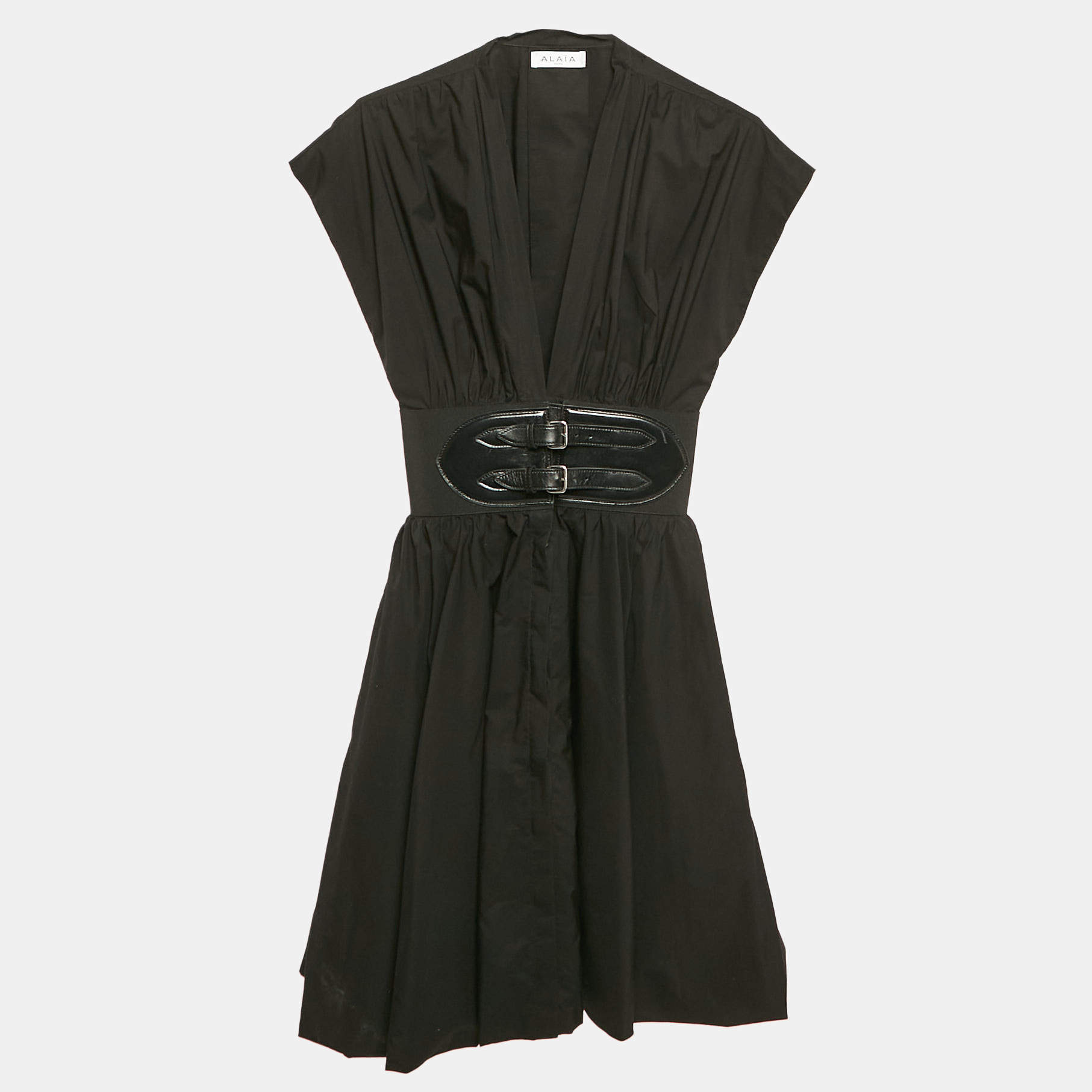 Alaia Black Poplin Japanese Leather Belted Dress S Alaia | TLC