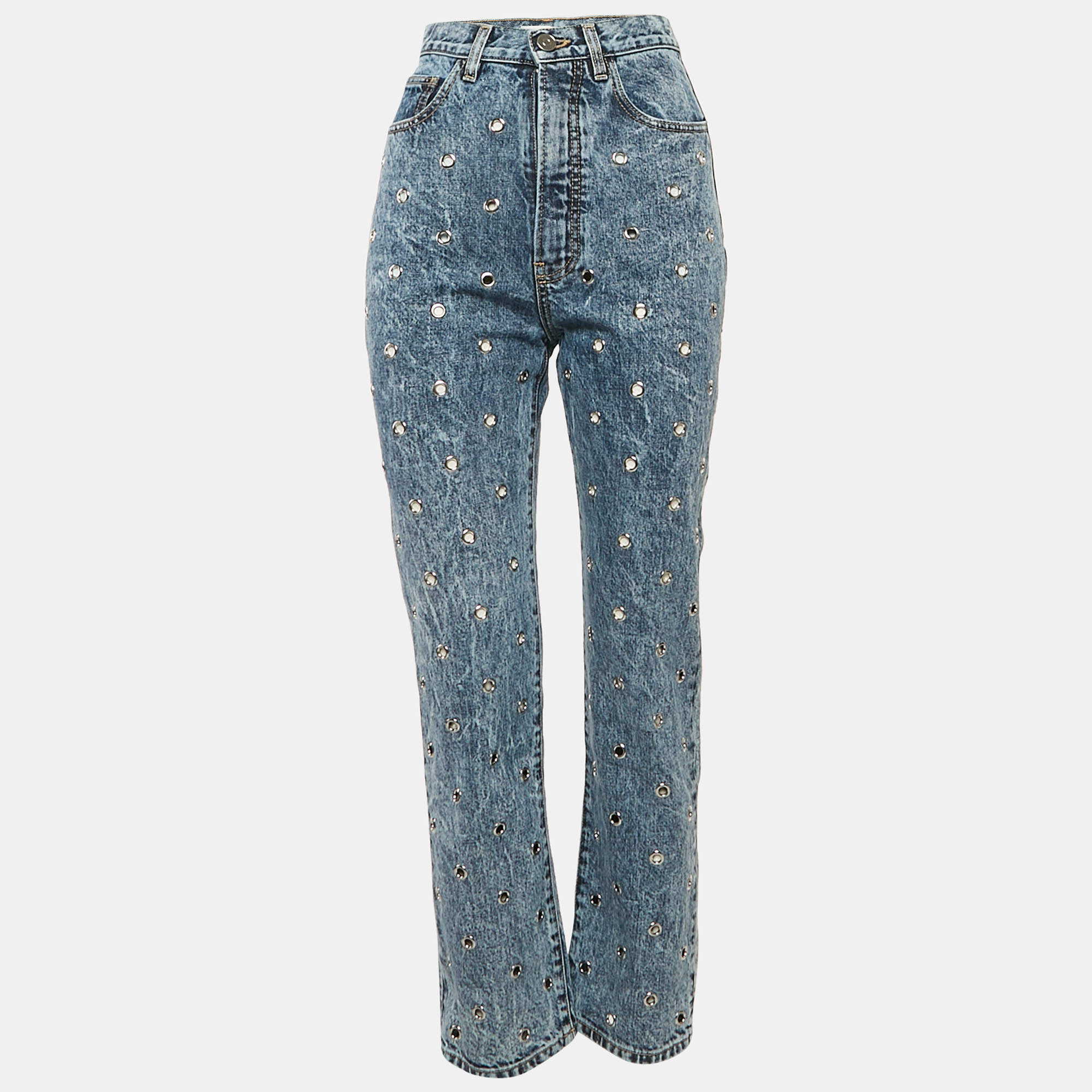 Pre Owned Alaia Blue Washed Denim Eyelet Detail High Rise Jeans M Waist 26"