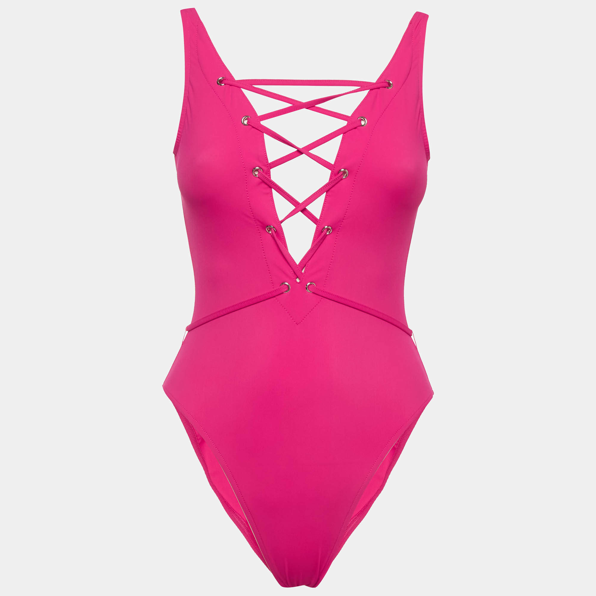 Pre Owned Alaia Fuchsia Jersey Lace Detail Sculpting Swimwear S
