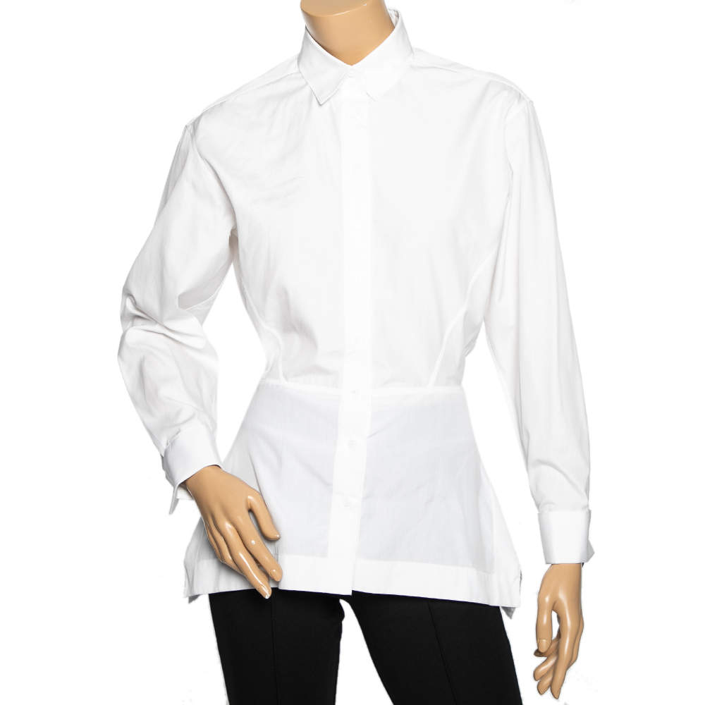 Pre Owned Alaia White Cotton Cinched Waist Embroidered Peplum Detailed Shirt M