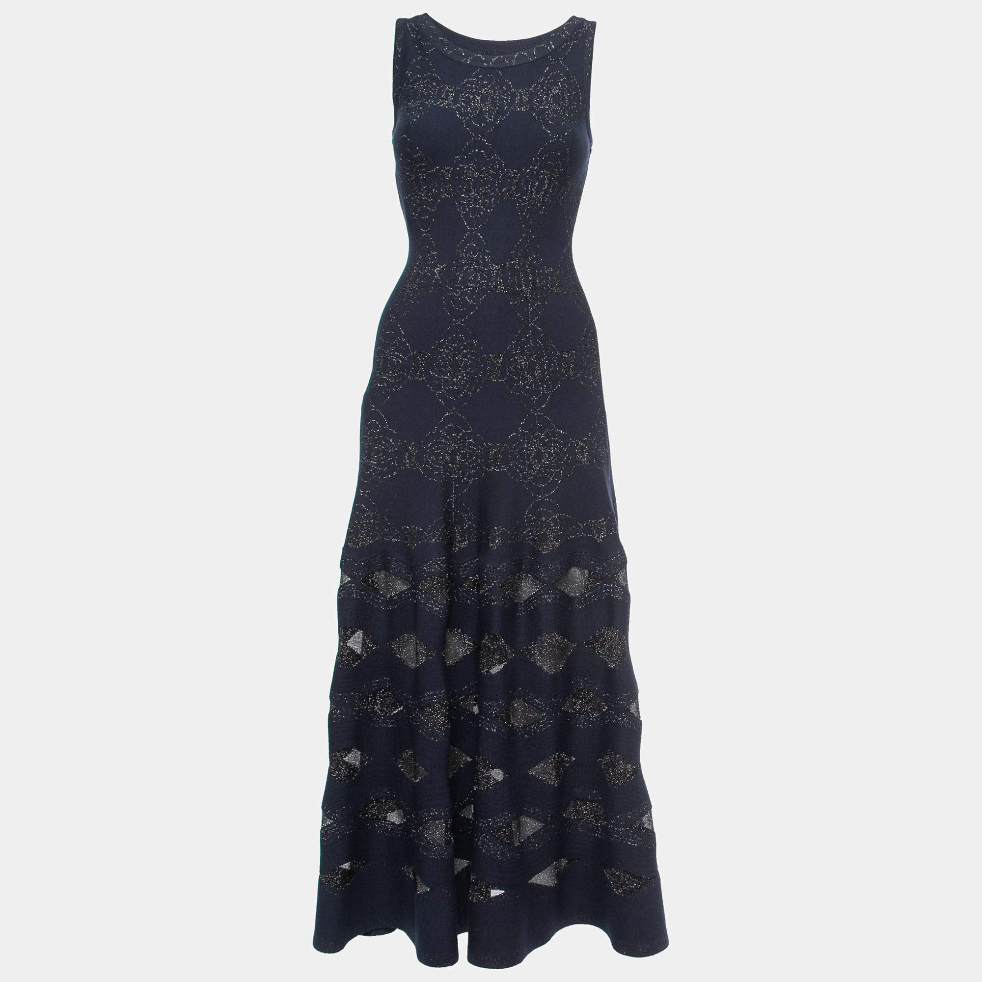 Pre Owned Alaia Midnight Blue Floral Lurex Knit Sleeveless Midi Dress XS