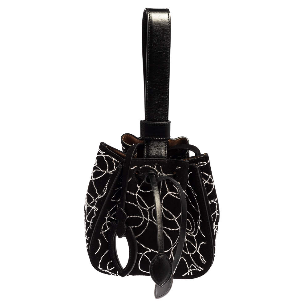 Pre Owned  Alaia Black Suede And Leather Crystal Embellished Rose Marie Mini Bucket Bag