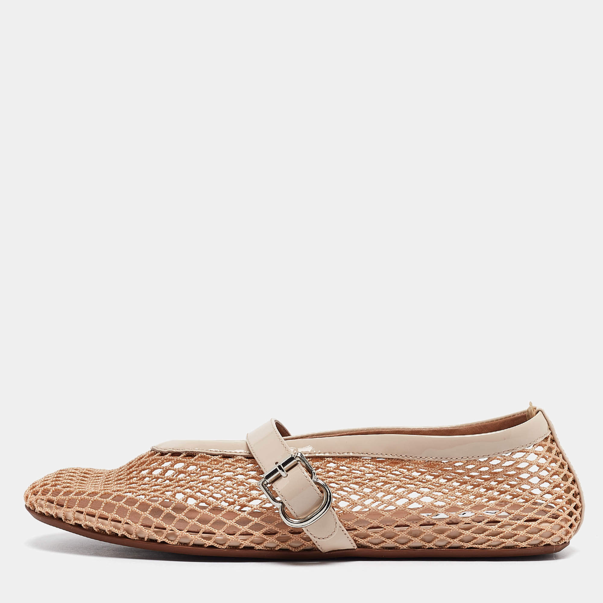 Alaia Beige Mesh and Patent Leather Buckle Strap Ballet Flats Size 37