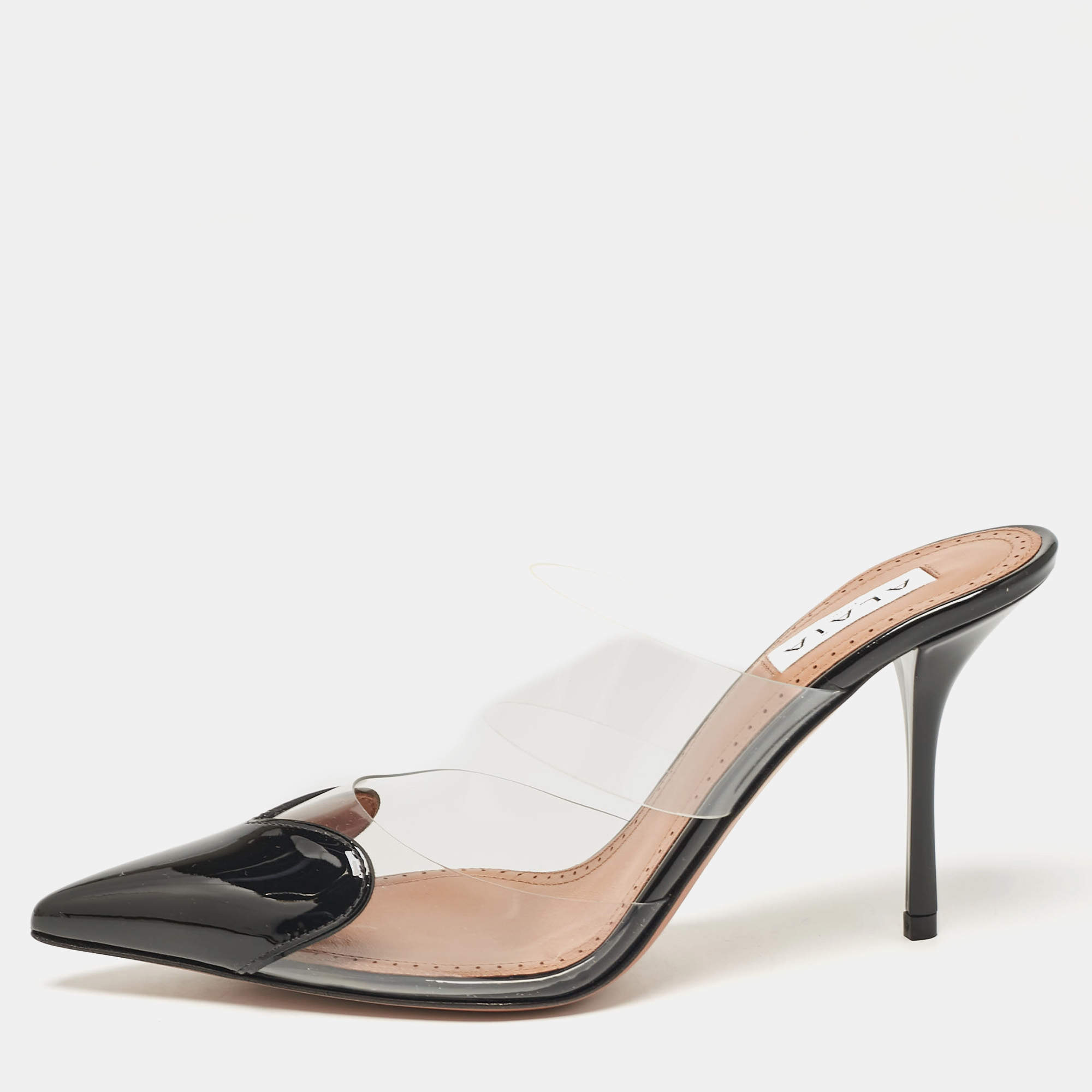 مملوكة مسبقًا Alaia Black Patent Leather and PVC Le Coeur Mules Size 37