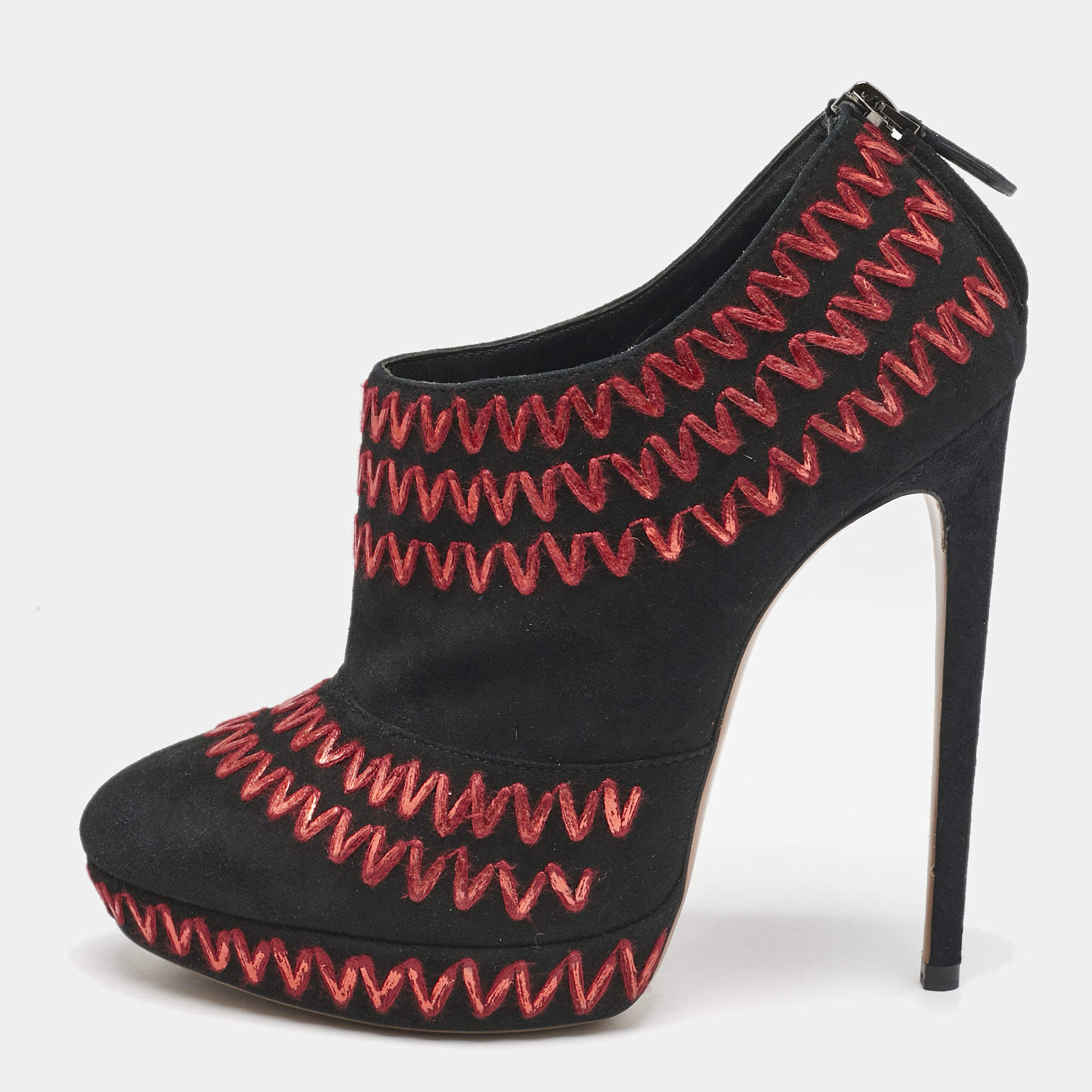 Alaia Black/Red Suede ZigZag Stitch Booties Size 41