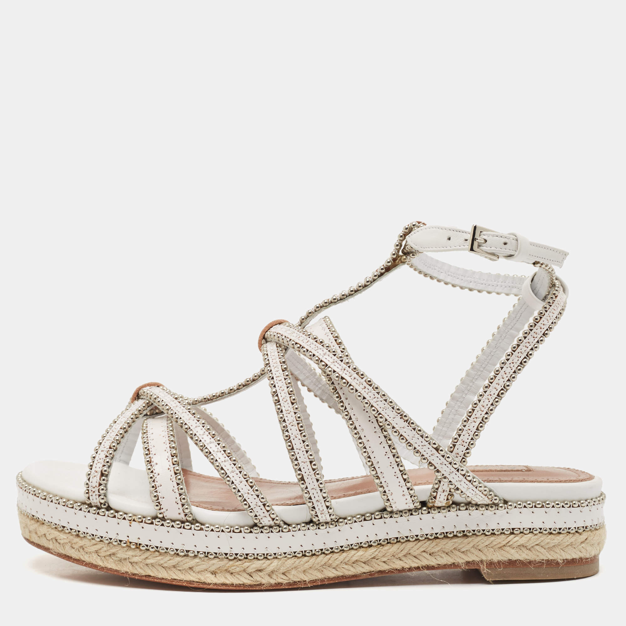 مملوكة مسبقًا Alaia White Leather Studded Strappy Espadrille Sandals Size 37