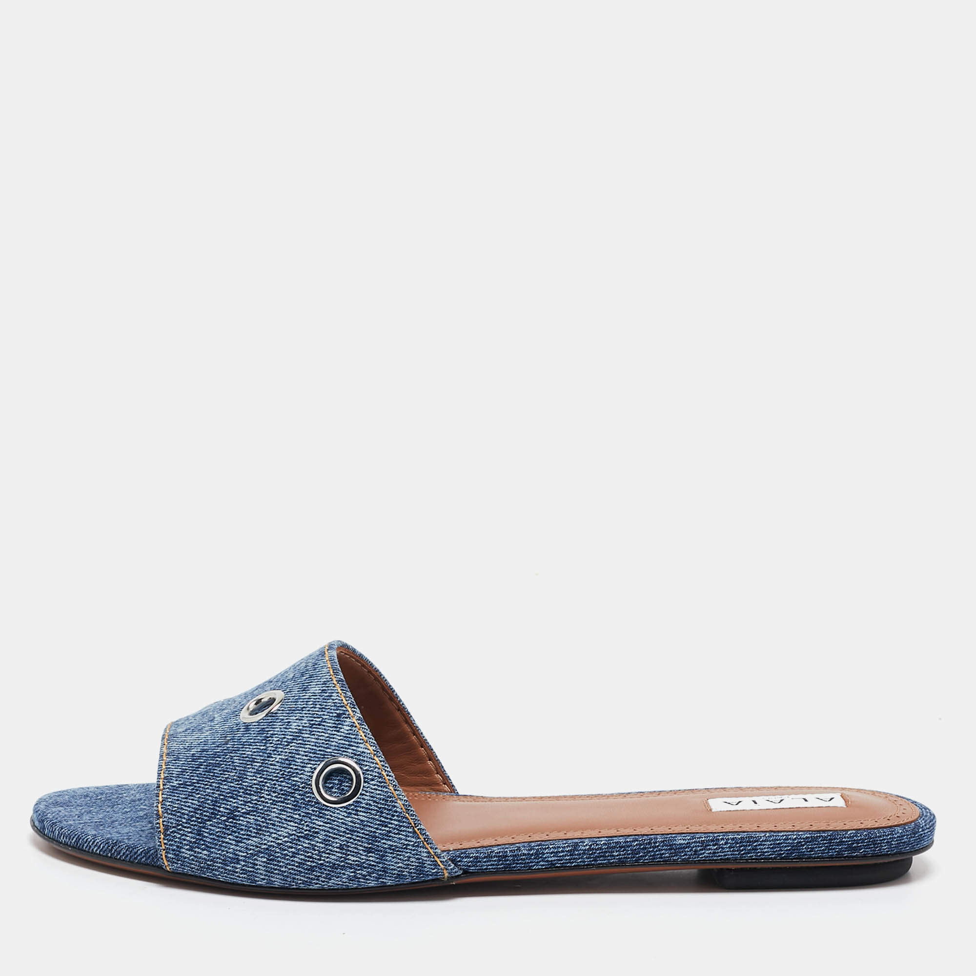 Alaia Blue Denim Oeillets Flat Slides Size 40