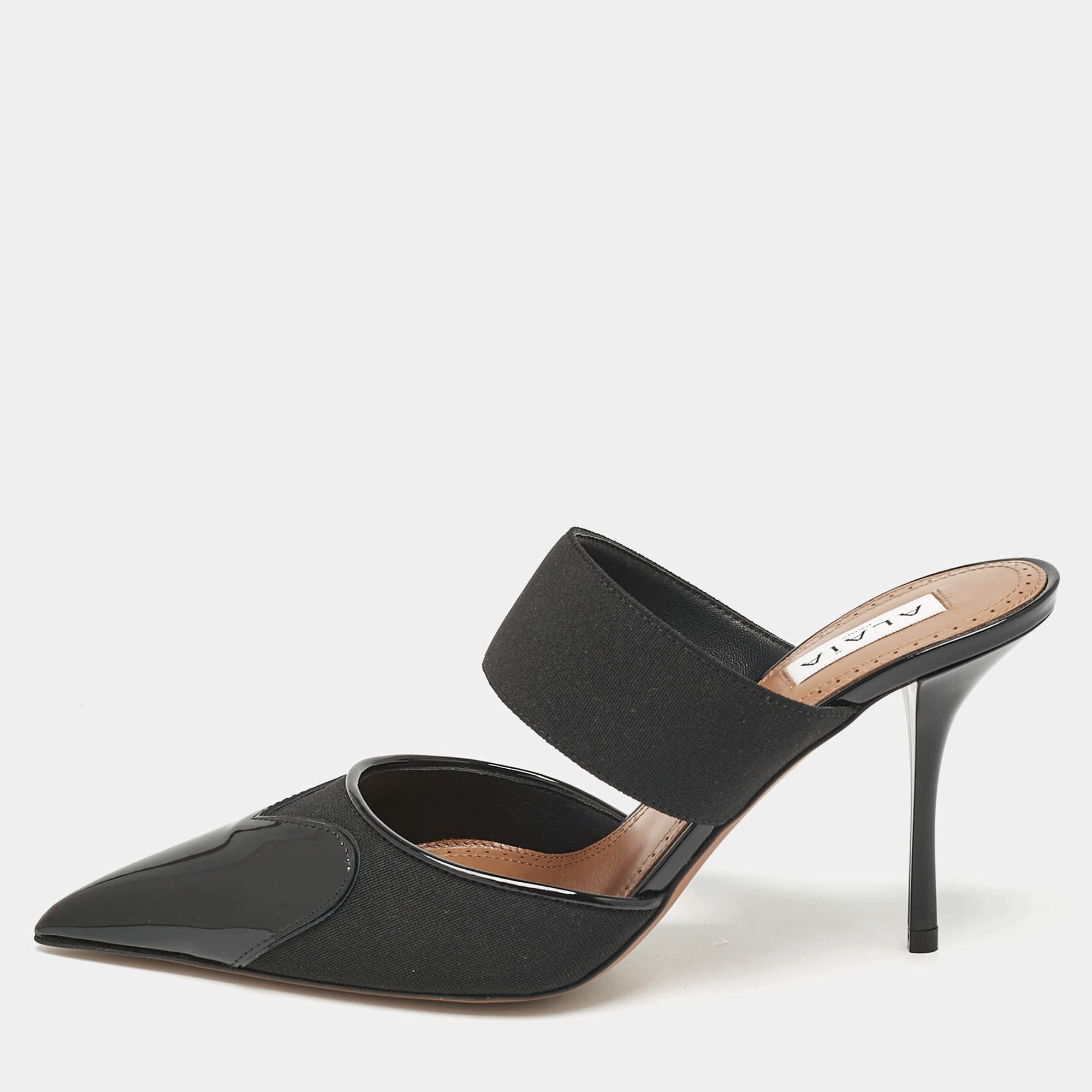 Alaia Black Patent Leather and Grosgrain Le Coeur Mules Size 39