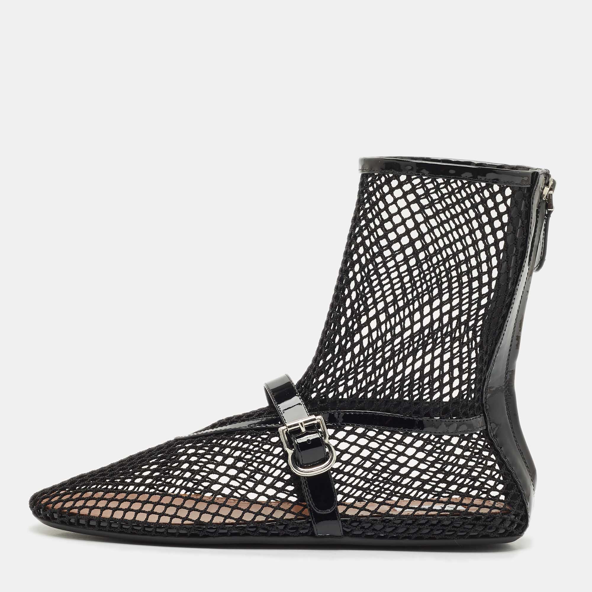 Pre Owned Alaia Black Patent Leather and Fishnet High Ballet Flats Size 39