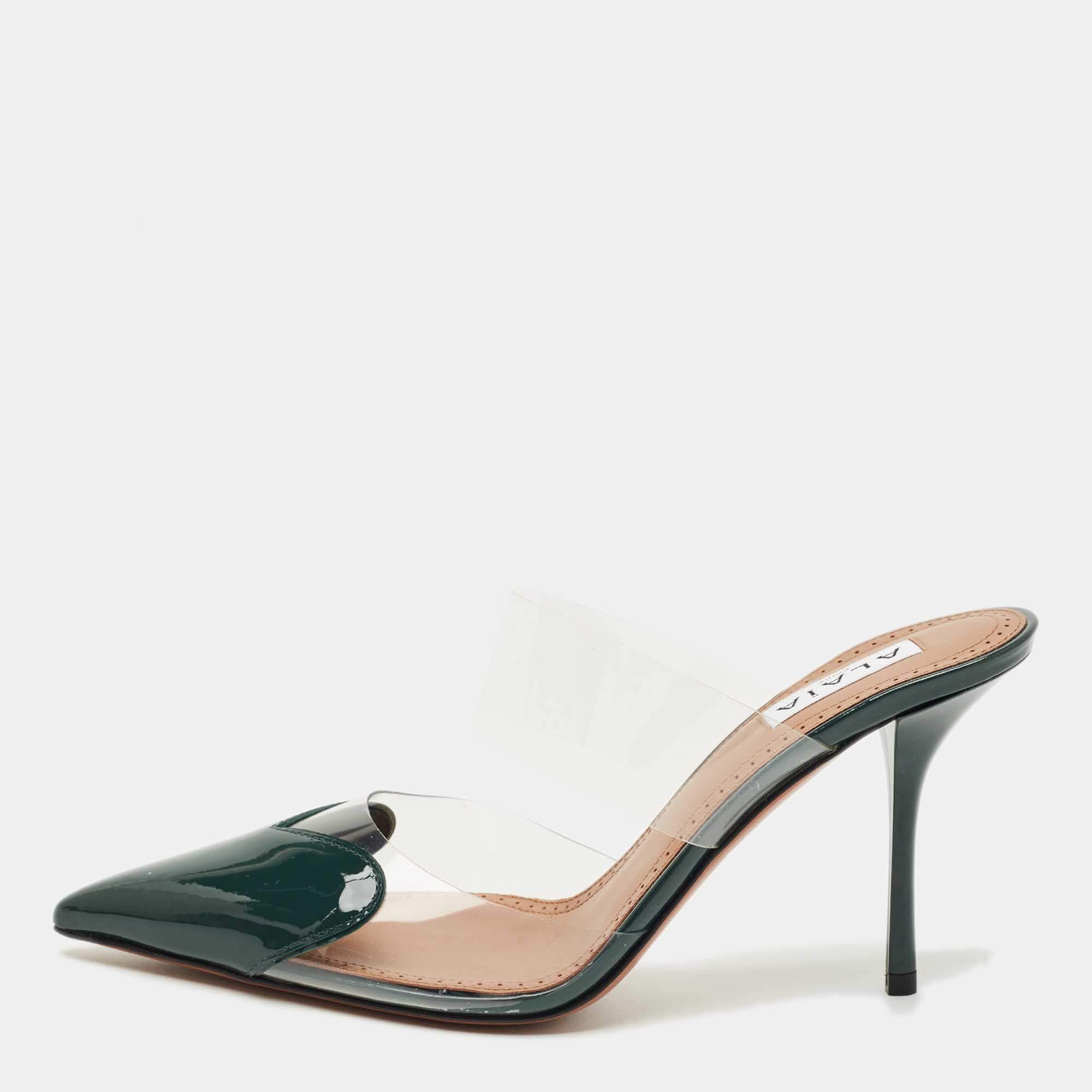 Pre Owned Alaia Transparent and Green Patent Leather and PVC le coeur Mules Size 37