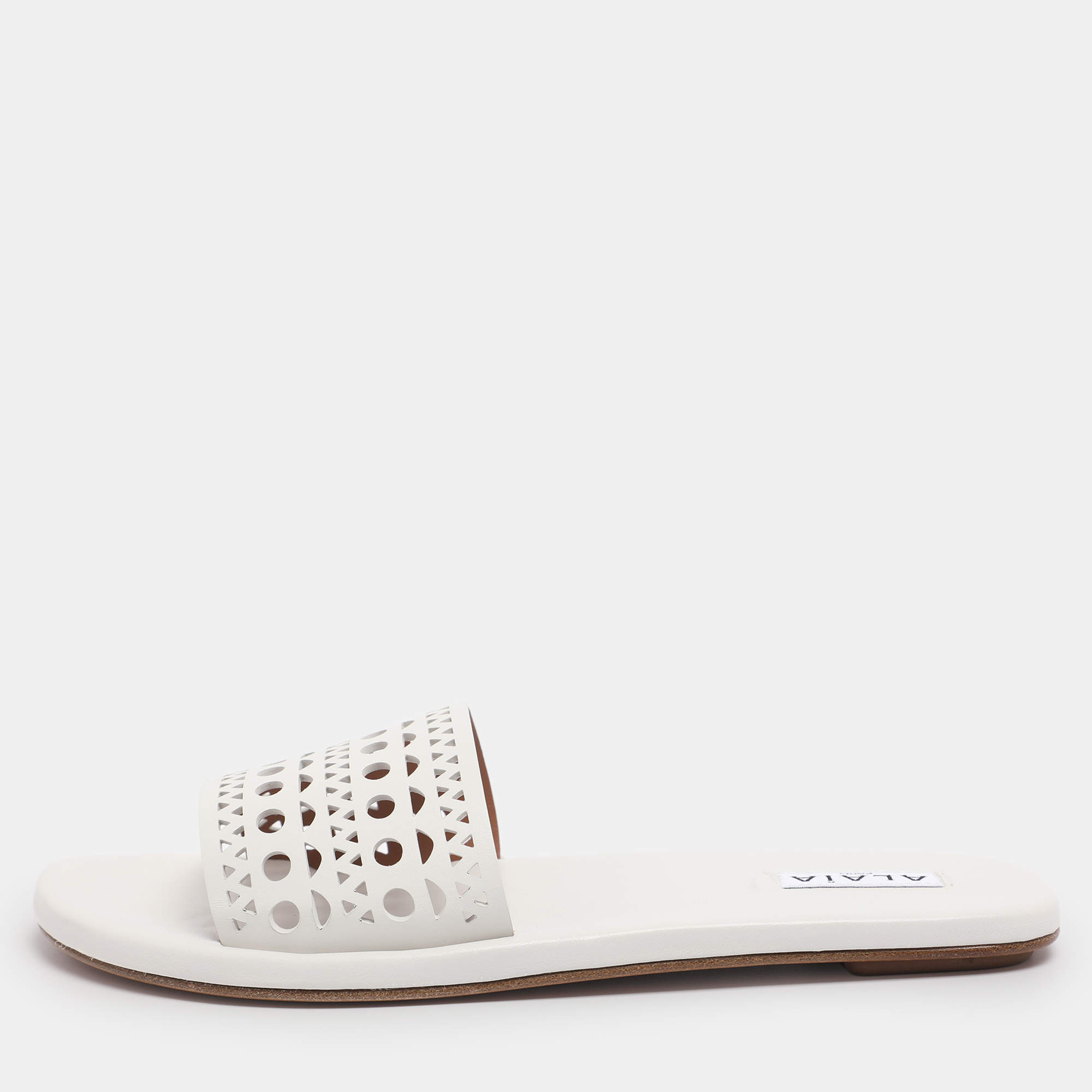Pre Owned Alaia White Leather Vienne Flat Slide Size 38