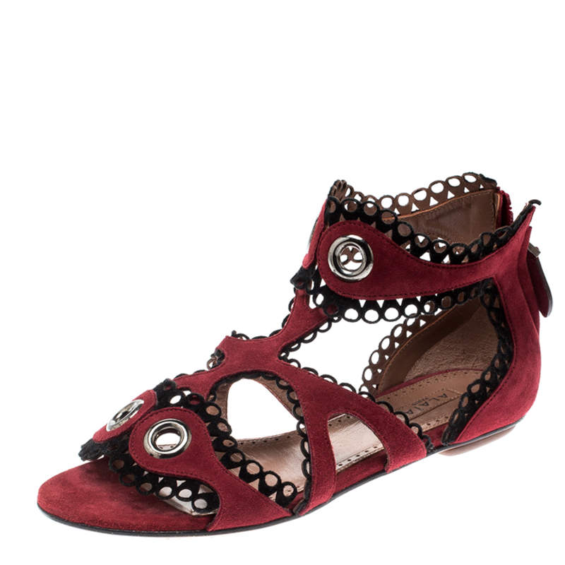 Pre Owned Alaia Maroon Suede Scallop Trim Eyelet Embellished Ankle Cuff Flat Sandals Size 35
