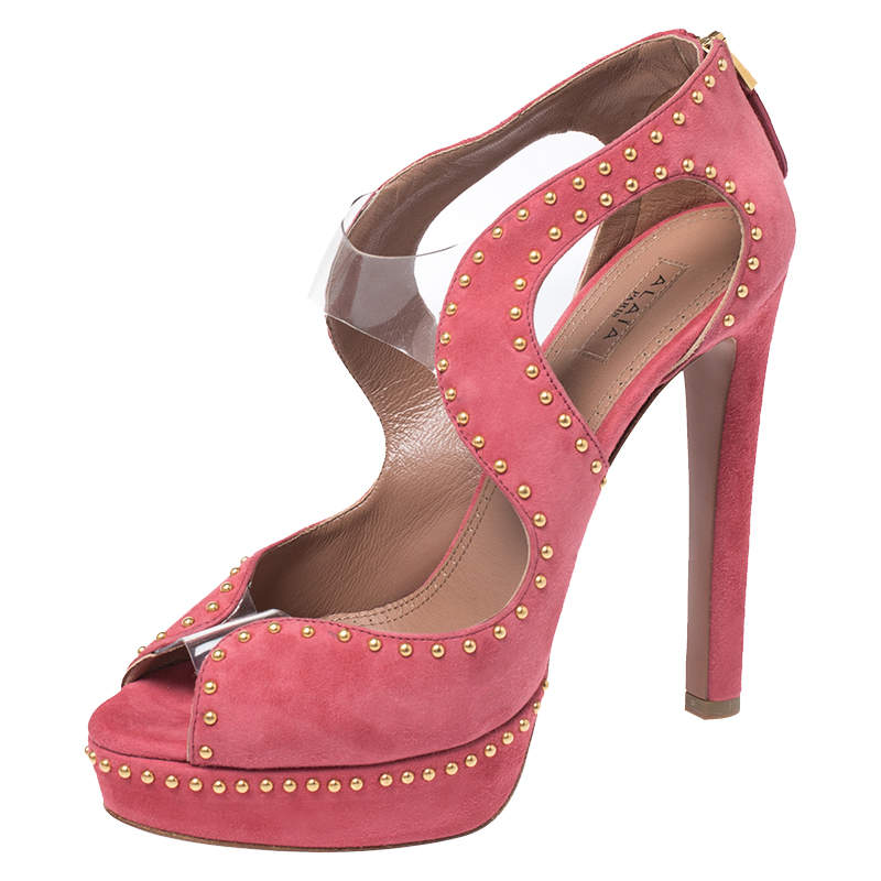Azzedine Alaia Pink Suede And PVC Studded Peep Toe Platform Sandals Size 38