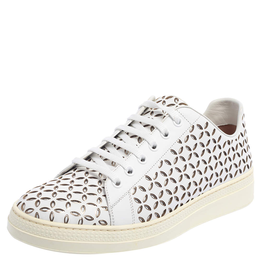Pre Owned Alaia White Laser Cut Leather Low Top Sneakers Size 40