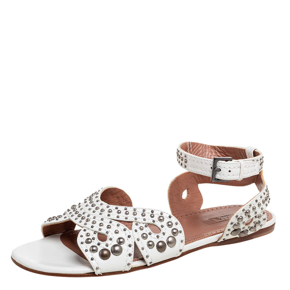 Pre Owned Alaia White Leather Studded Ankle Strap Flat Sandals Size 37