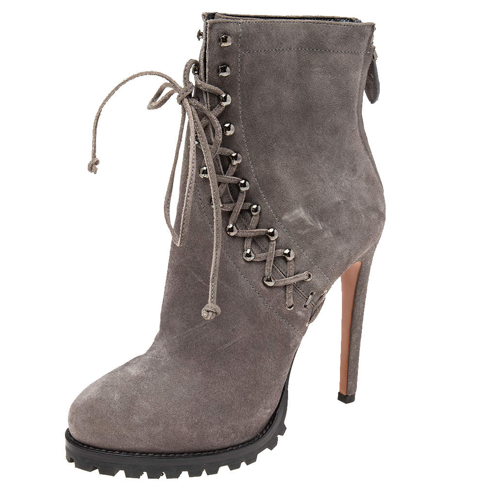 Alaia Grey Suede Lace Up Ankle Boot Size 37.5