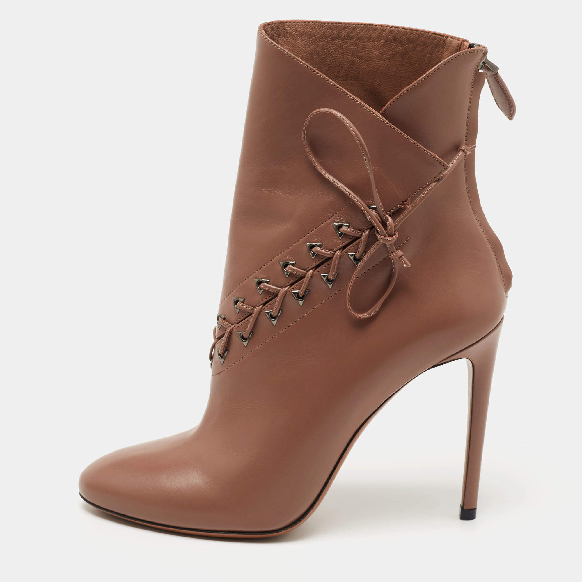 Alaia Brown Leather Lace Up Ankle Booties Size 38.5