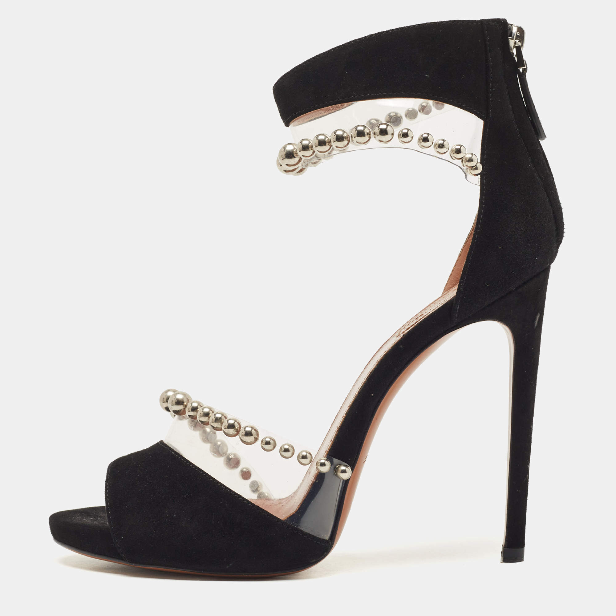 Pre Owned Alaia Black Suede And Pvc Bead Embellished Ankle Strap Sandals Size 38.5