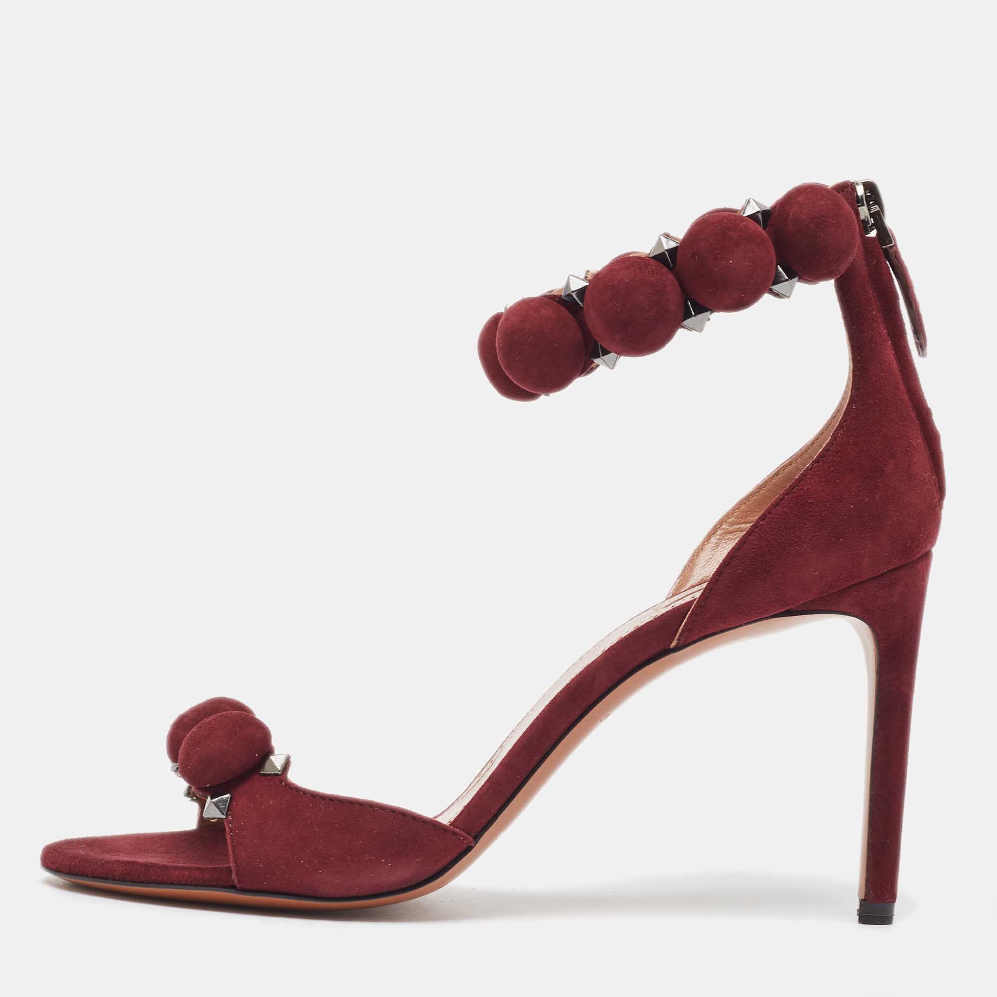 Pre Owned Alaia Burgundy Suede Leather Chamois Bombe Ankle Cuff Sandals Size 37