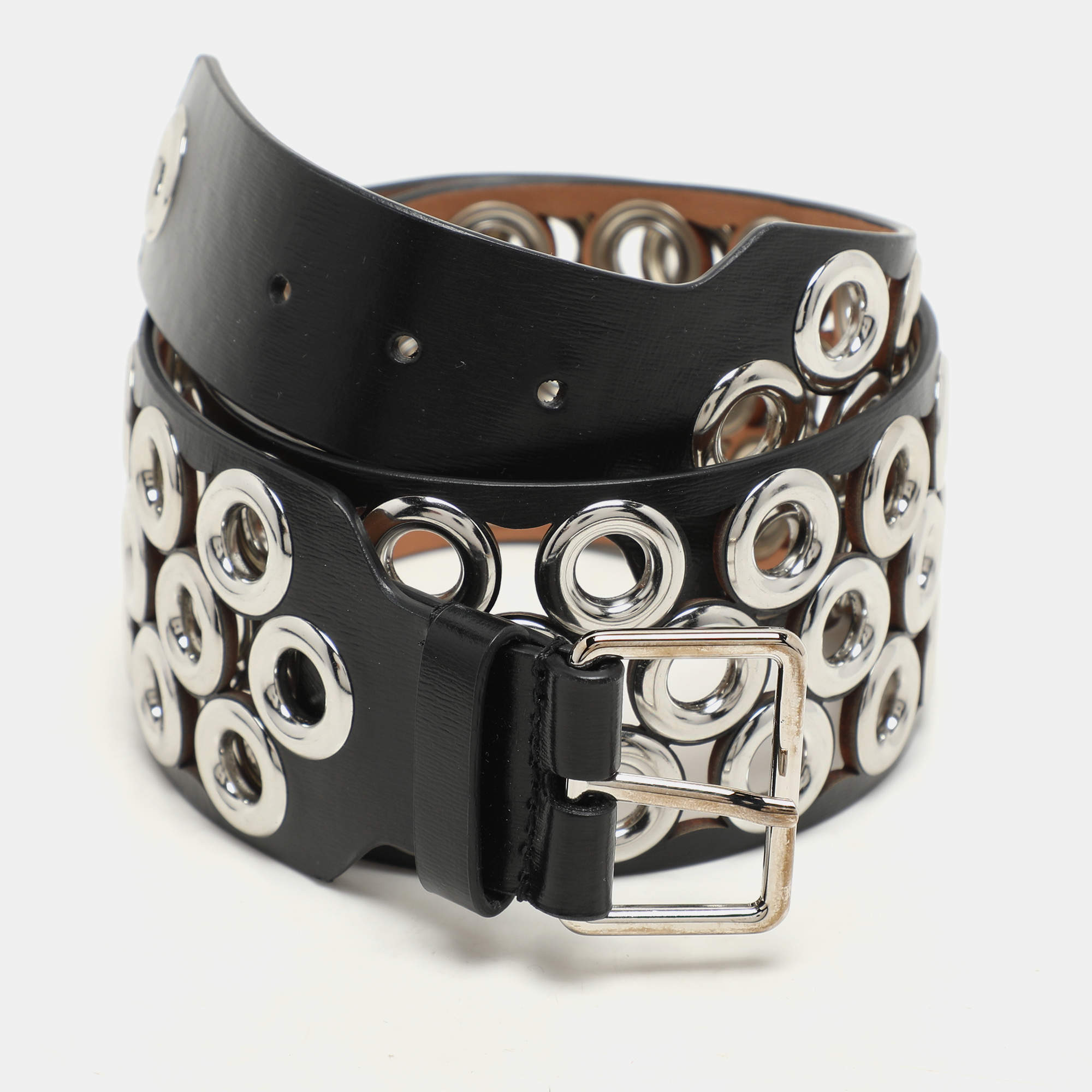 Alaia Black Leather Grommet Waist Belt 75CM