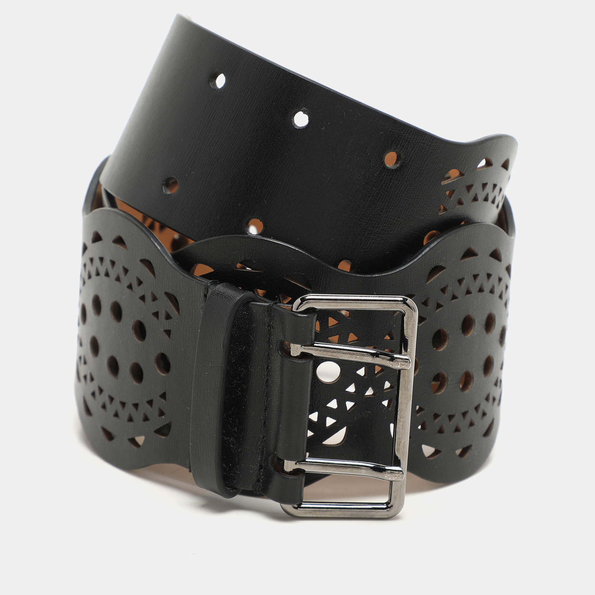 Alaia Black Leather Laser Cut Buckle Waist Belt 70CM