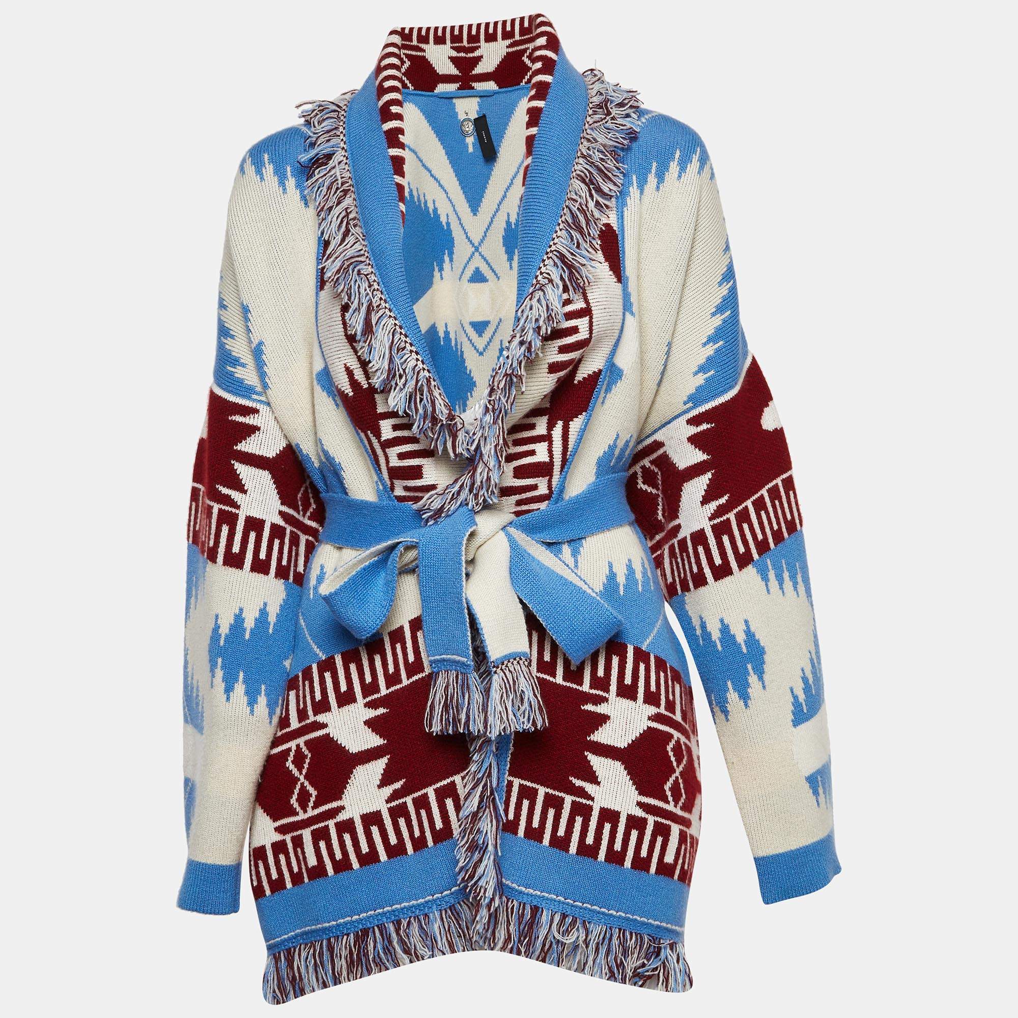 Alanui Cardigan Multicolor Intarsia Knit Fringed Belted Cardigan M