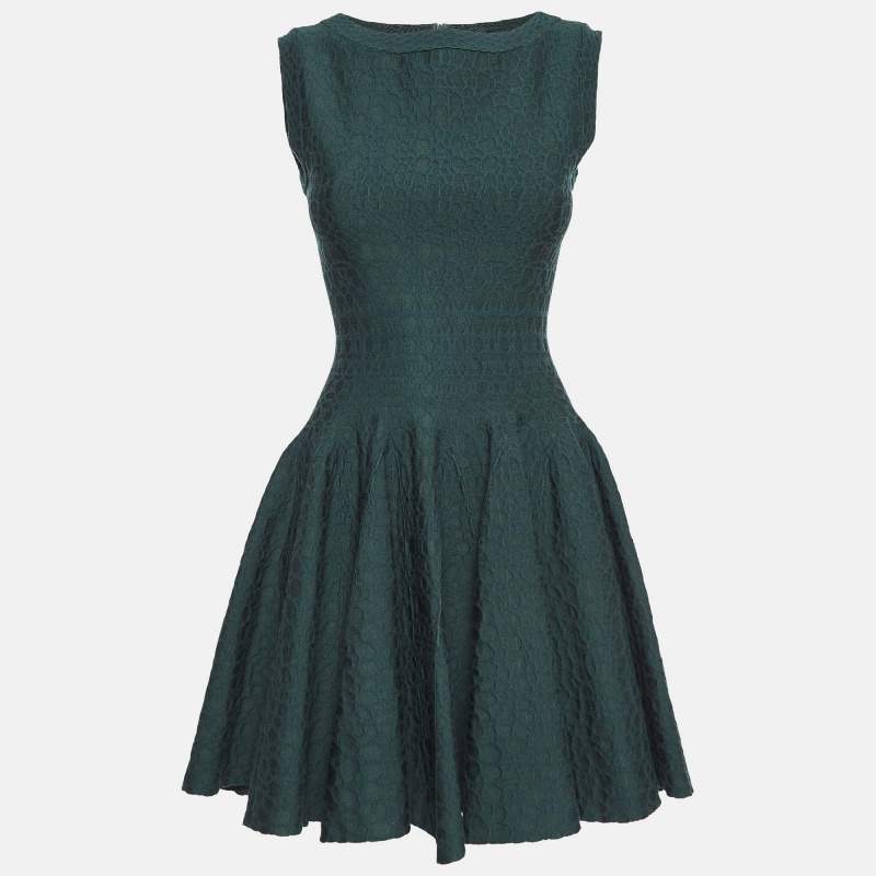 Pre Owned Alaia Green Wool Blend Knit Sleeveless Flared Mini Dress S
