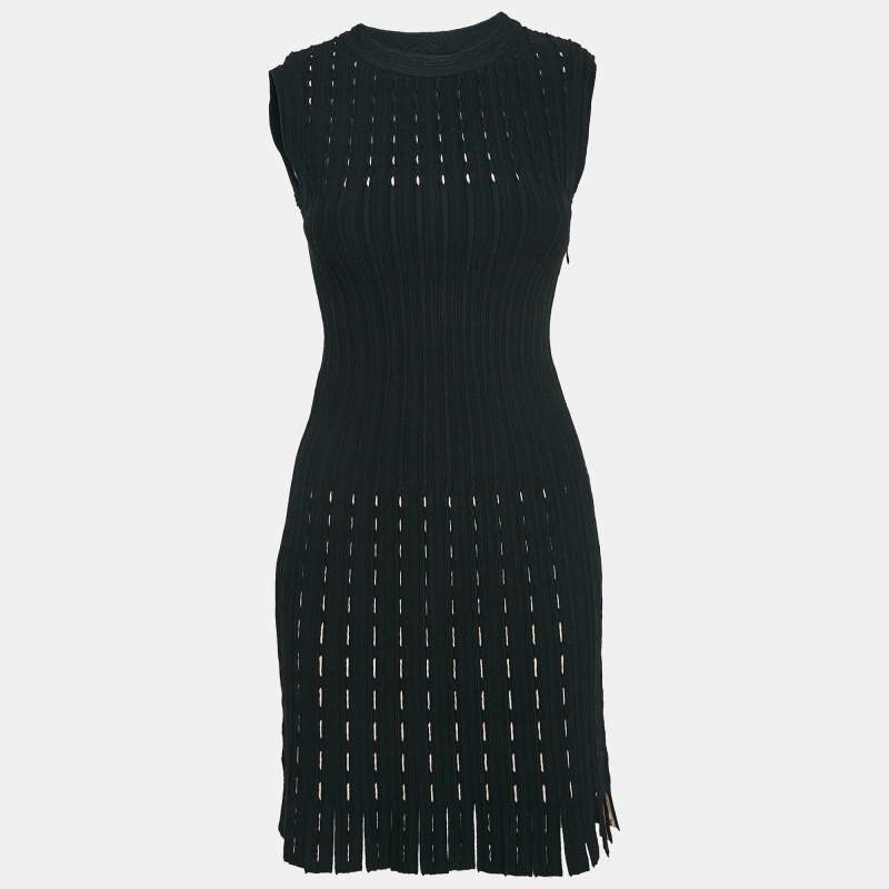 Pre Owned Alaia Black Stripe Stretch Knit Fringe Flared Mini Dress M