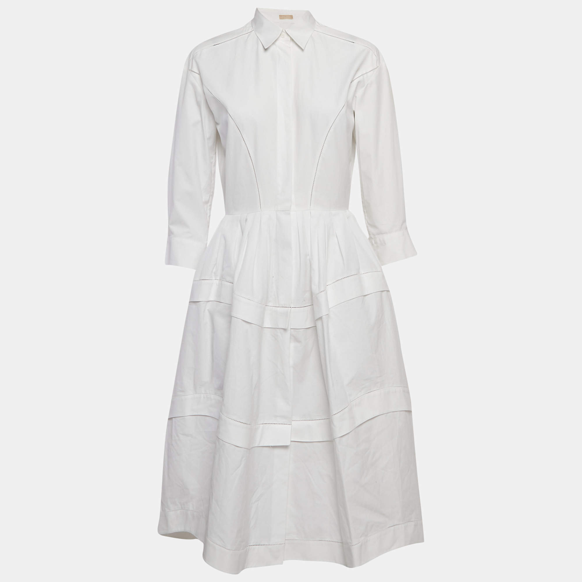 Pre Owned Alaia White Cotton Tiered Midi Shirt Dress M