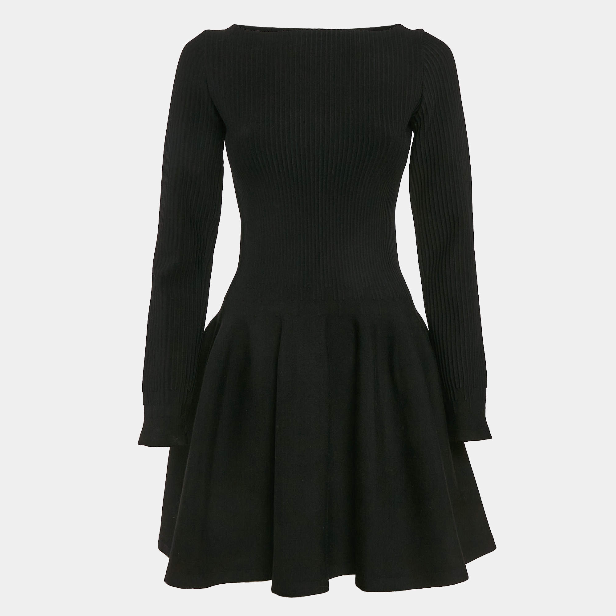 مملوكة مسبقًا Alaia Black Patterned Wool Blend Knit Full Sleeve Mini Dress M