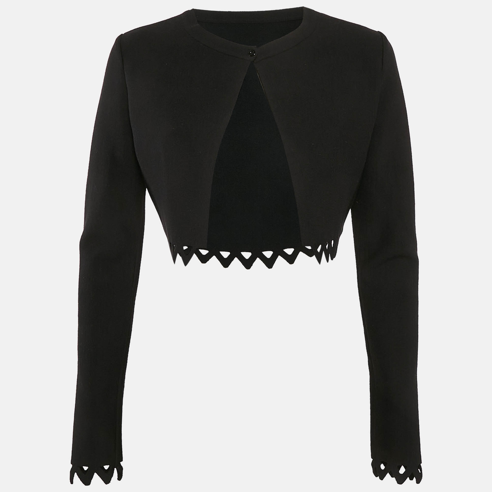 Pre Owned Alaia Black Wool Blend Knit Scallop Cut-Out Hem Cropped Cardigan L