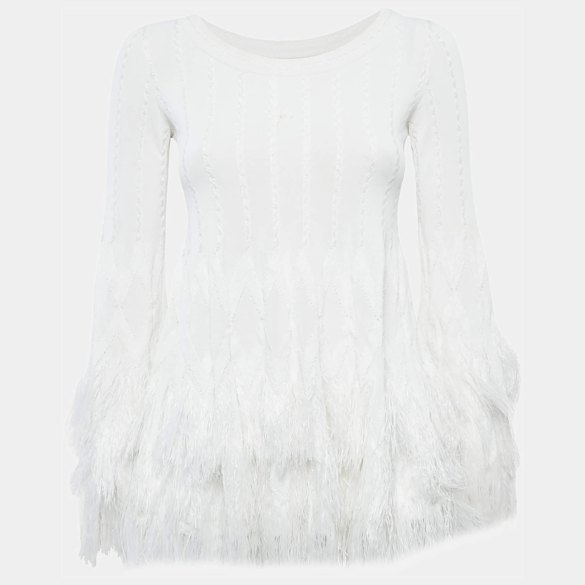 Pre Owned Alaia White Textured Knit Fray Detail Top M
