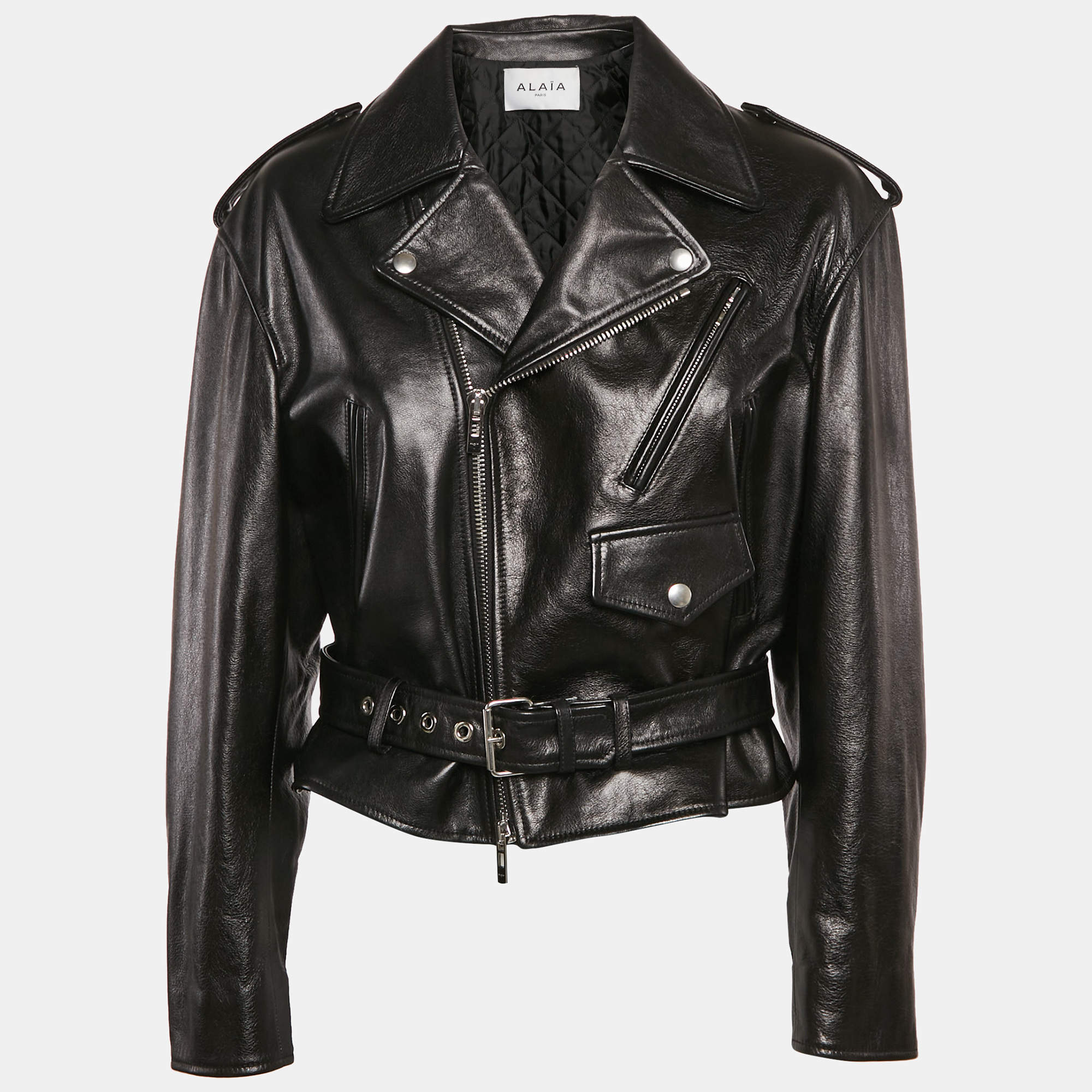 Alaia Black Leather Cropped Zip-Up Biker Jacket S