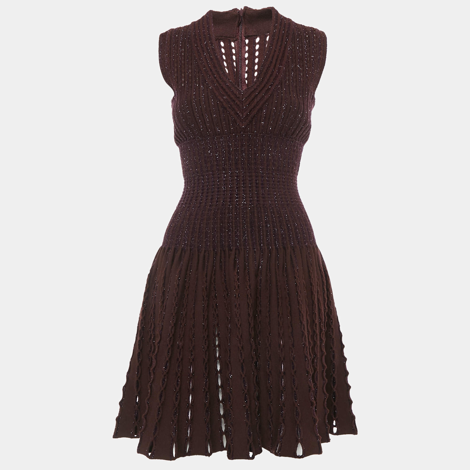 Pre Owned Alaia Brown Lurex-Wool Blend Patterned Knit Sleeveless Short Dress M