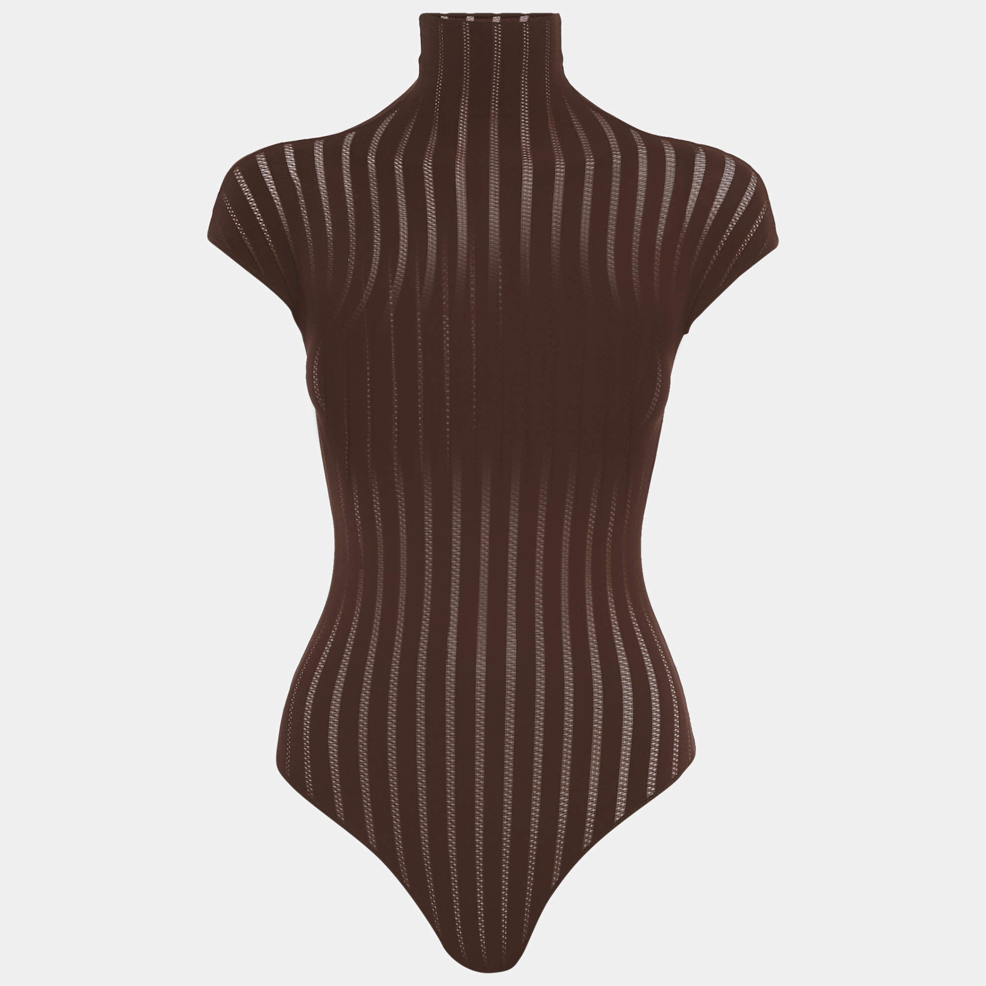 Pre Owned Alaia Brown Stripe Pattern Jersey High-Neck Bodysuit S