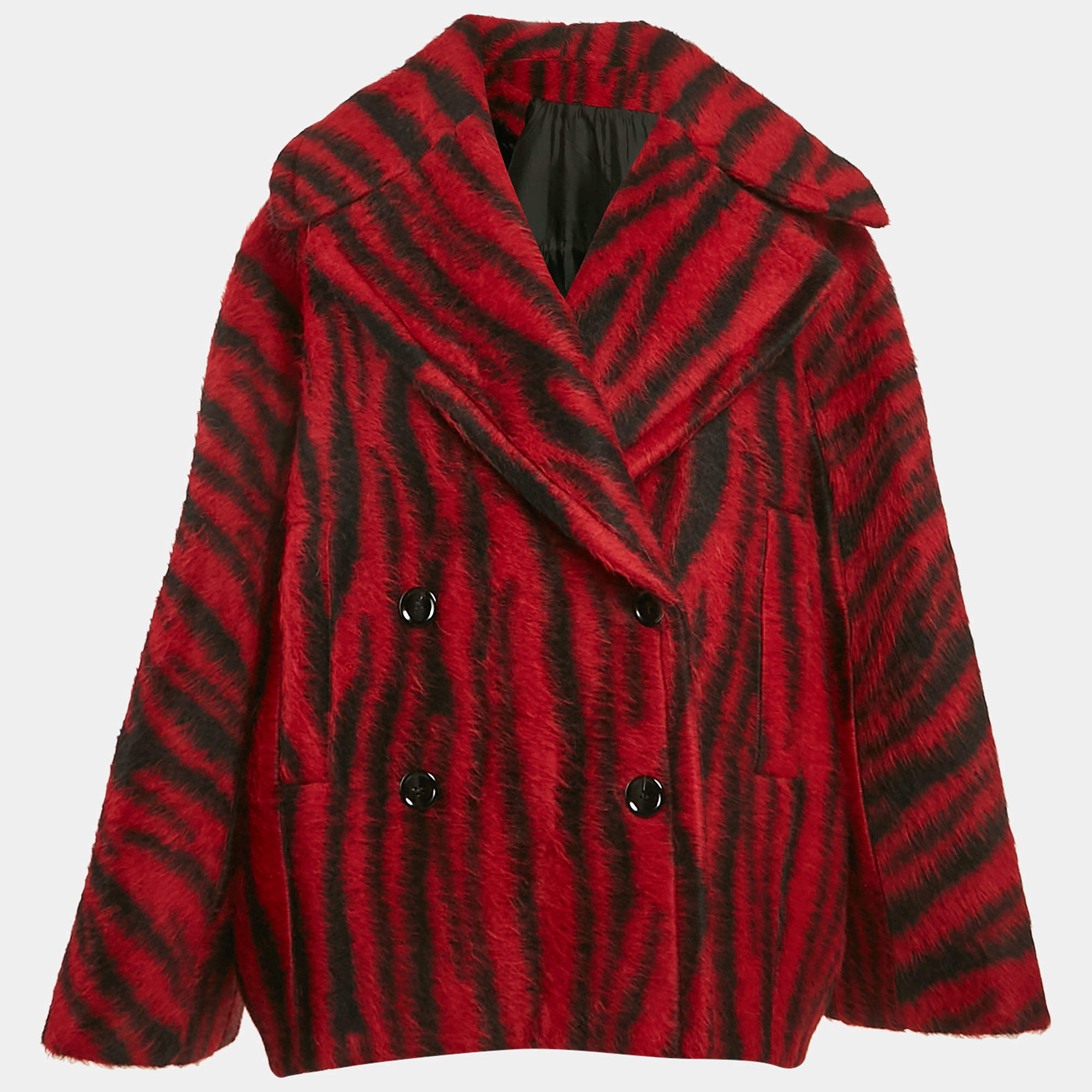 Alaia Red/Black Tiger Jacquard Textured Wool Short Coat M