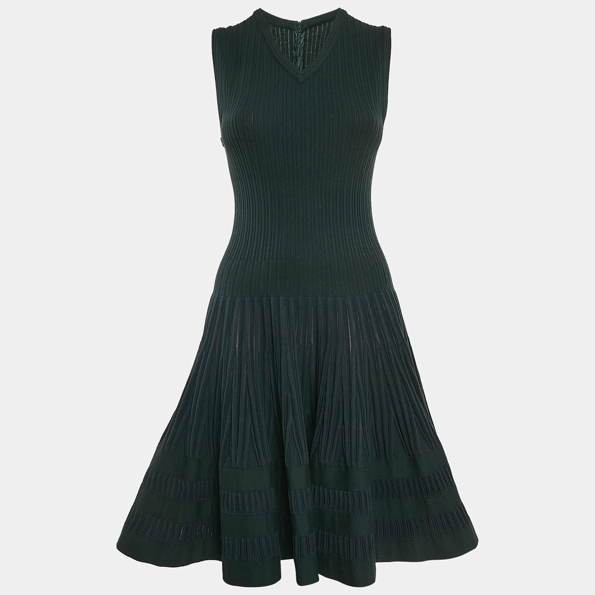 Pre Owned Alaia Green Textured Knit Sleeveless Flared Mini Dress with Cardigan L