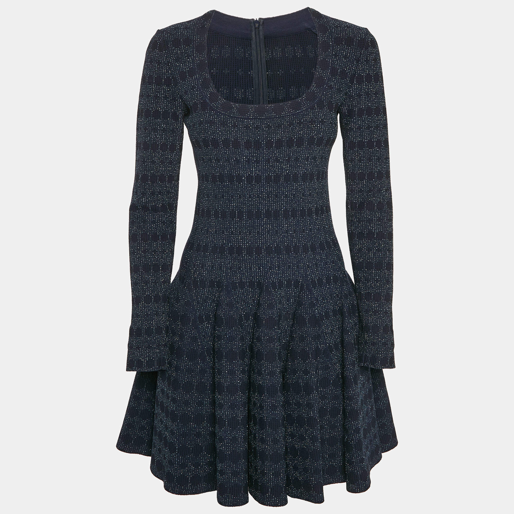 Alaia Navy Blue Lurex Knit Scoop Neck Flared Mini Dress M
