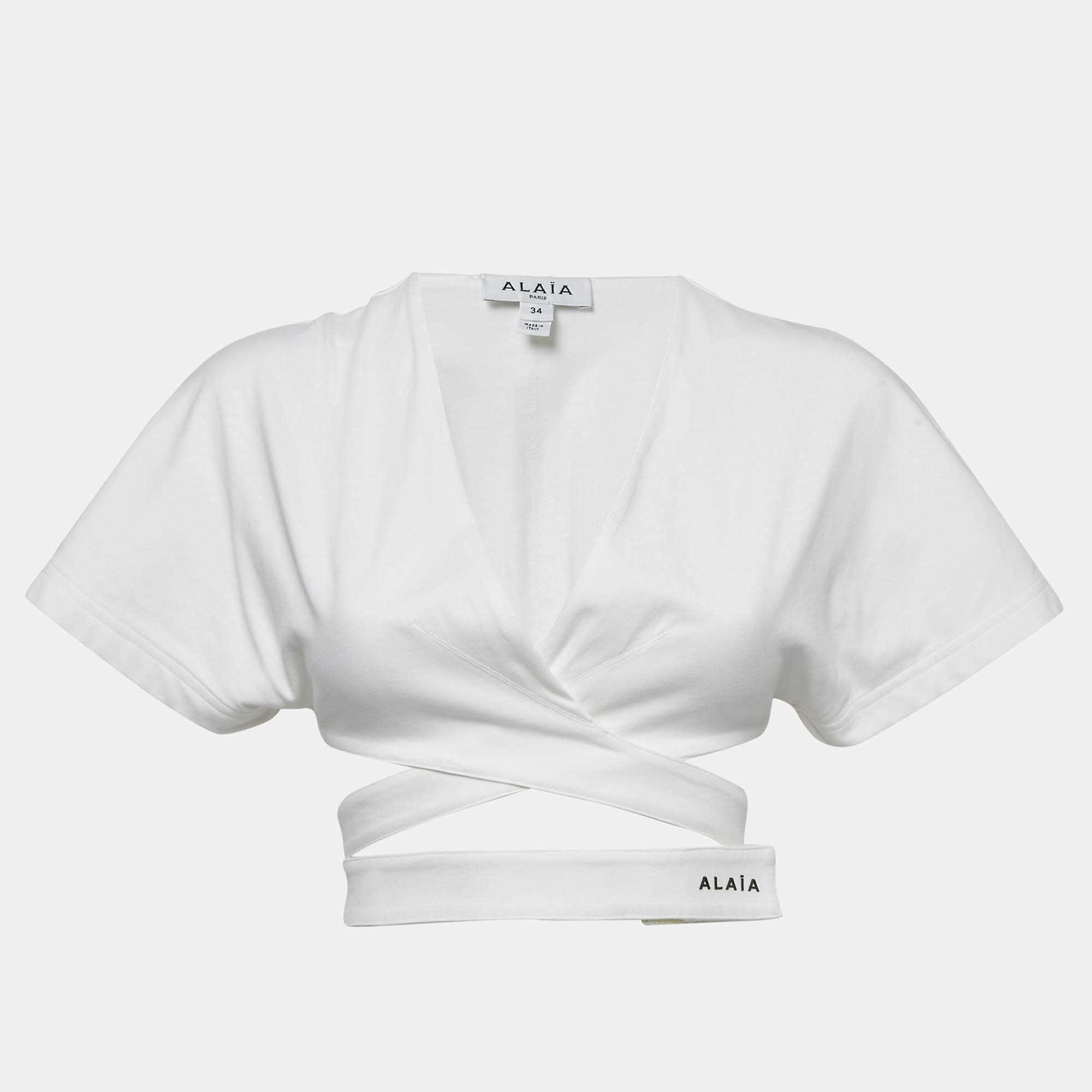 Pre Owned Alaia White Cotton Jersey Crossover Wrap Crop Top XS