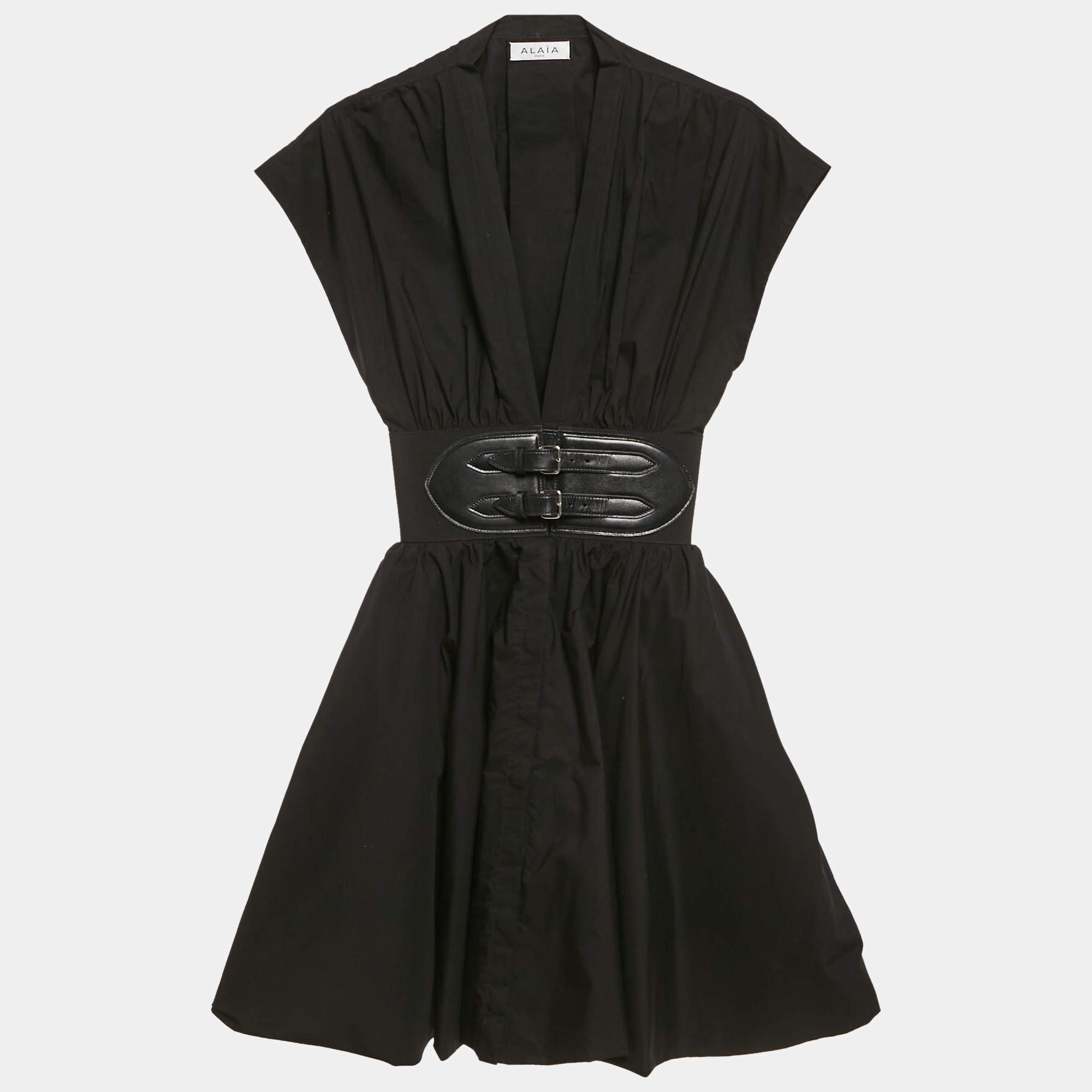 Alaia Black Poplin Leather Buckle Mini Japanese Dress XS