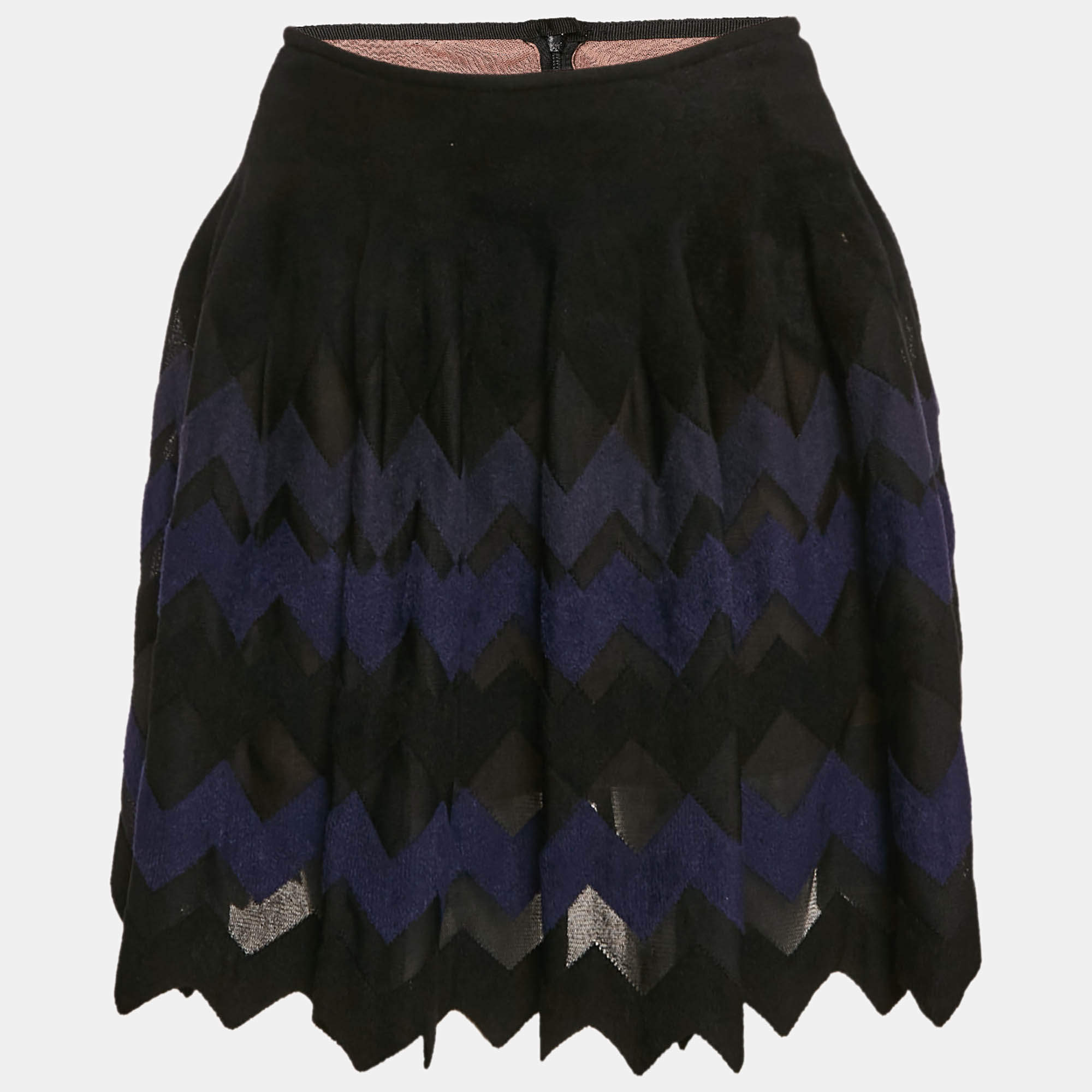Alaia Black/Navy Blue Chevron Pattern Silk Blend Knit Mini Skirt M