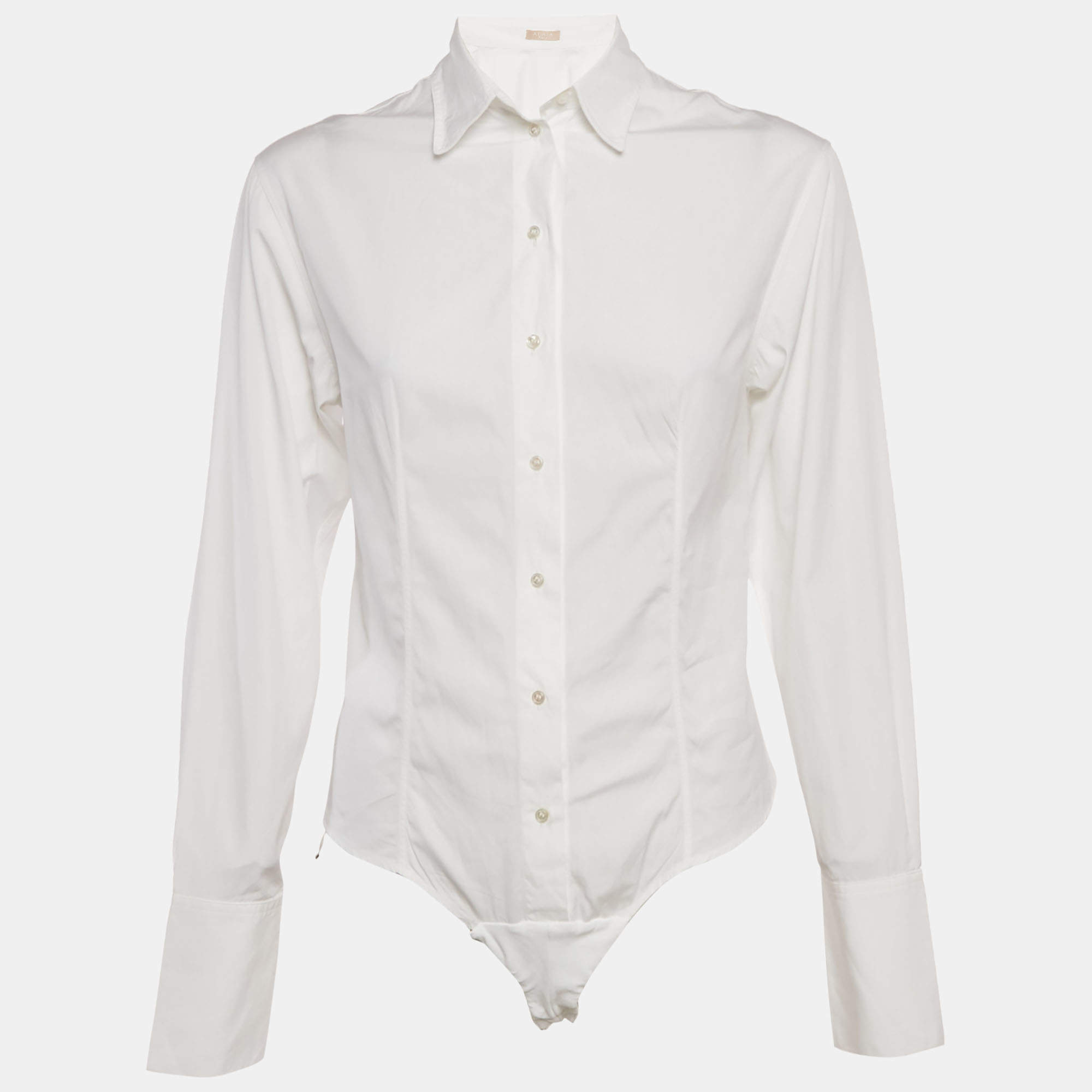 Pre Owned Alaia White Cotton Shirt Style Bodysuit S