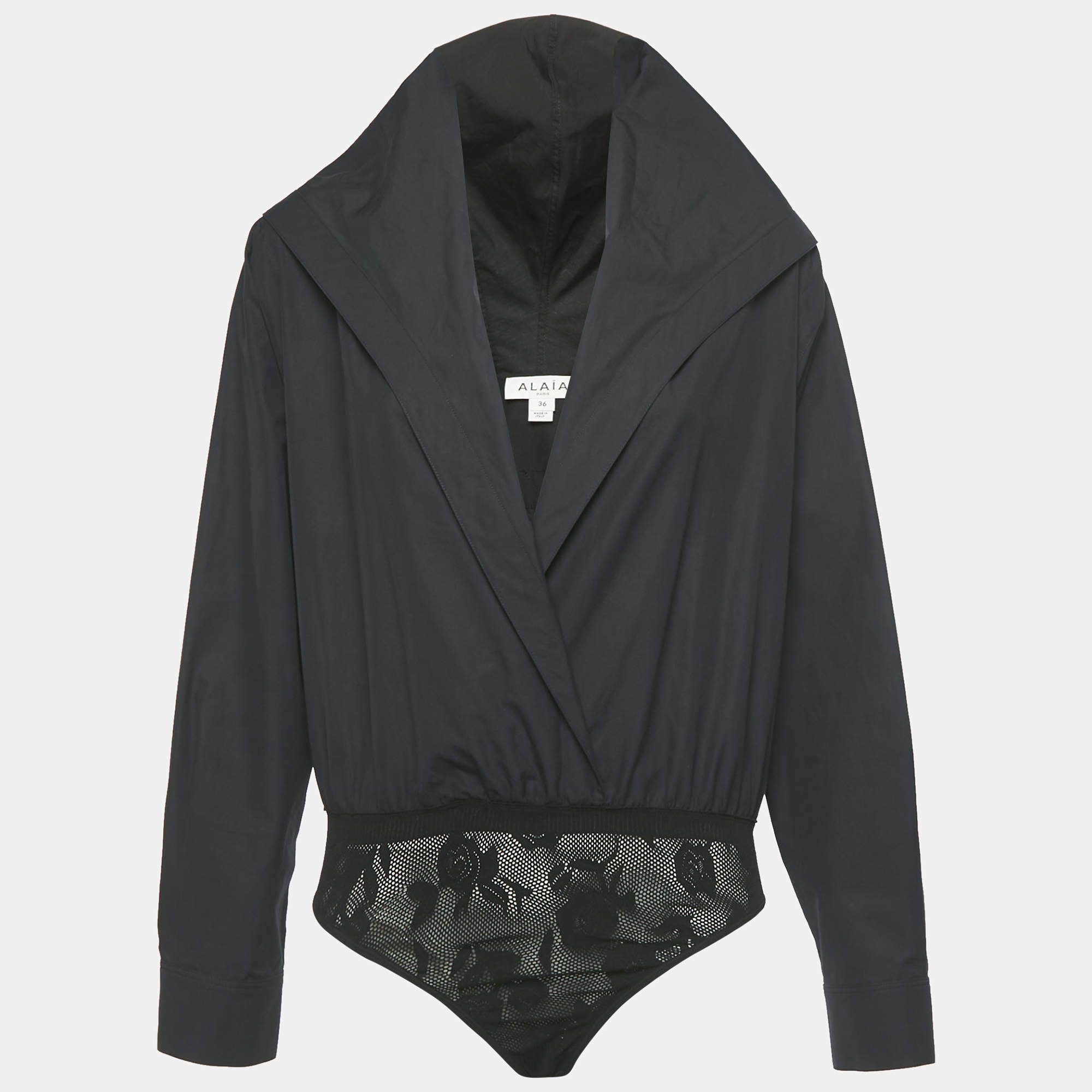 Pre Owned Alaia Black Cotton Plunging Neck Hooded Bodysuit S